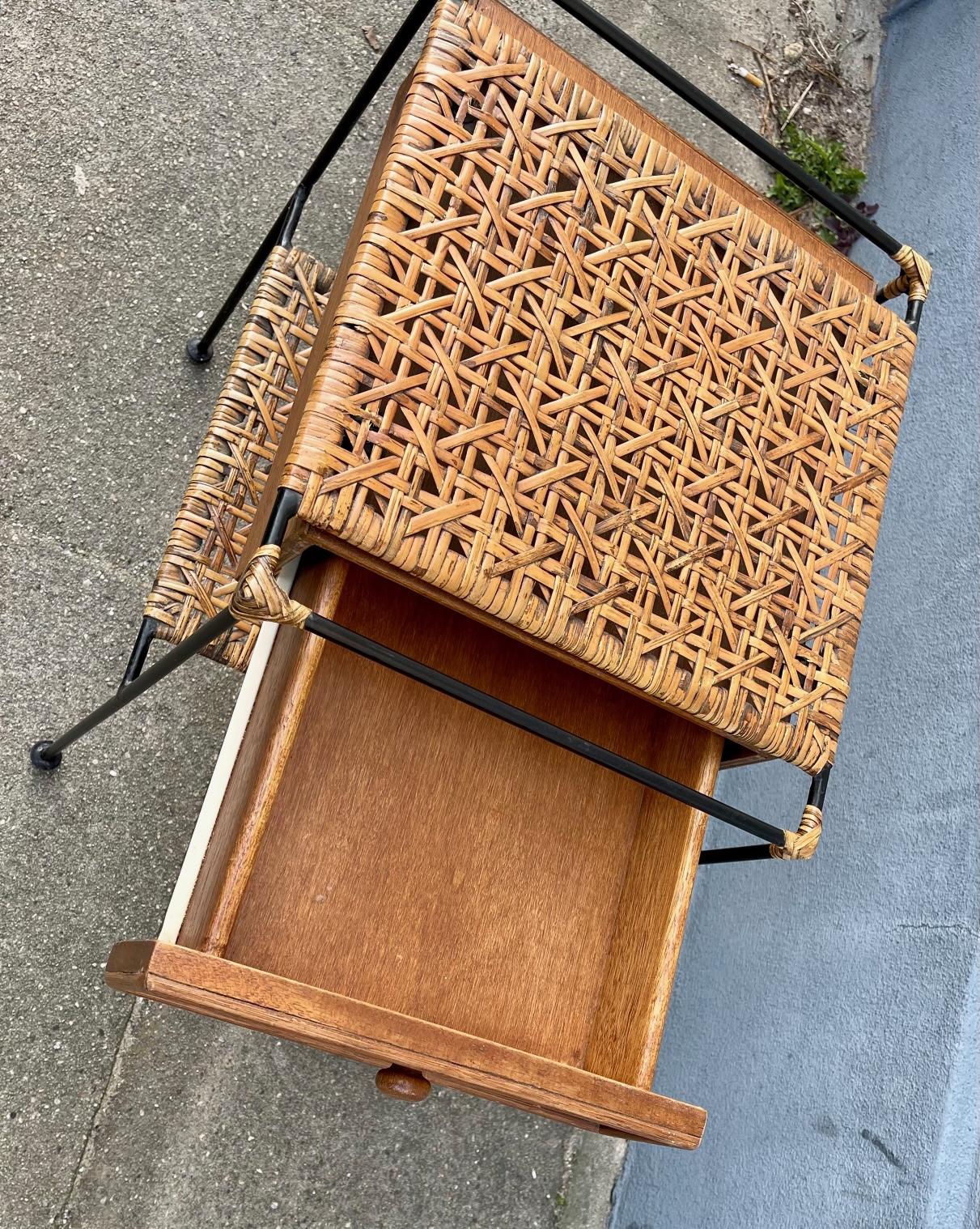 Vintage Italian Shaker or Side Table in Steel, Rattan and Rattan 1