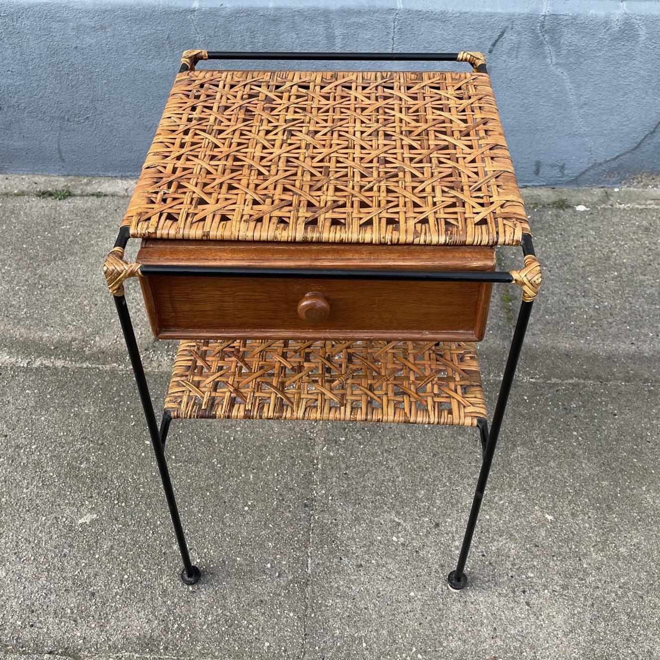 Vintage Italian Shaker or Side Table in Steel, Rattan and Rattan 2