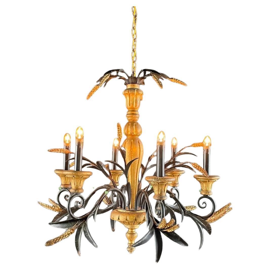 Vintage Italian Sheaf of Wheat Carved Wood Chandelier