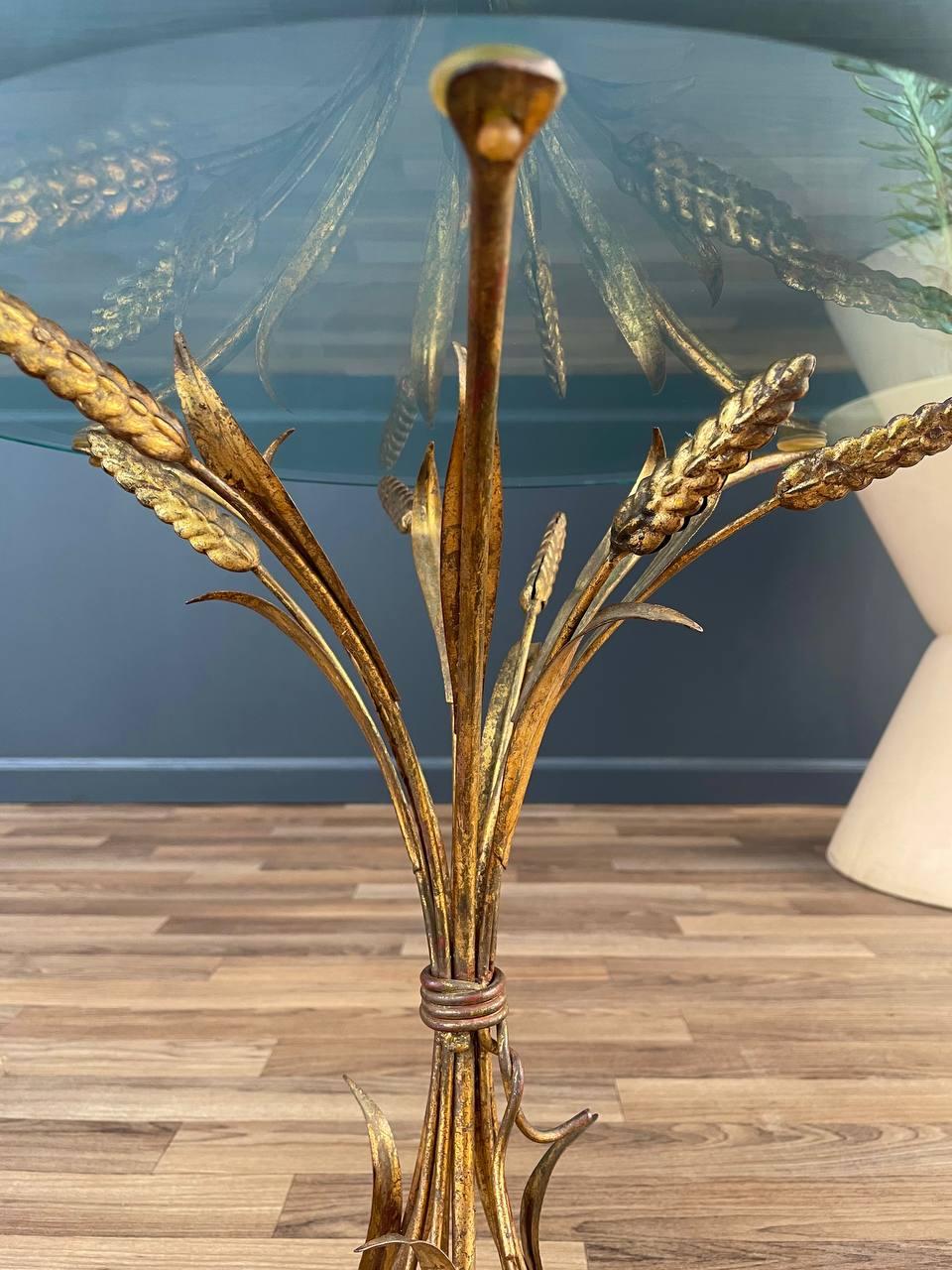 Metal Vintage Italian Sheaf of Wheat Side Table with Glass Top For Sale