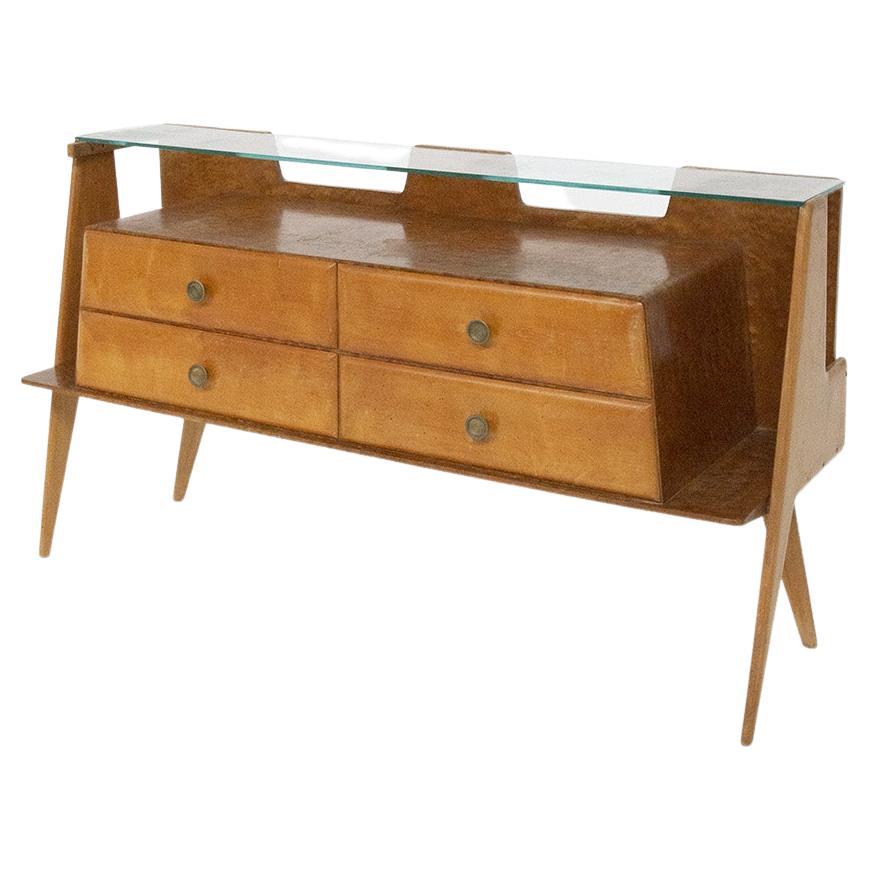Vintage Italian Sideboard in Wood Brass and Glass