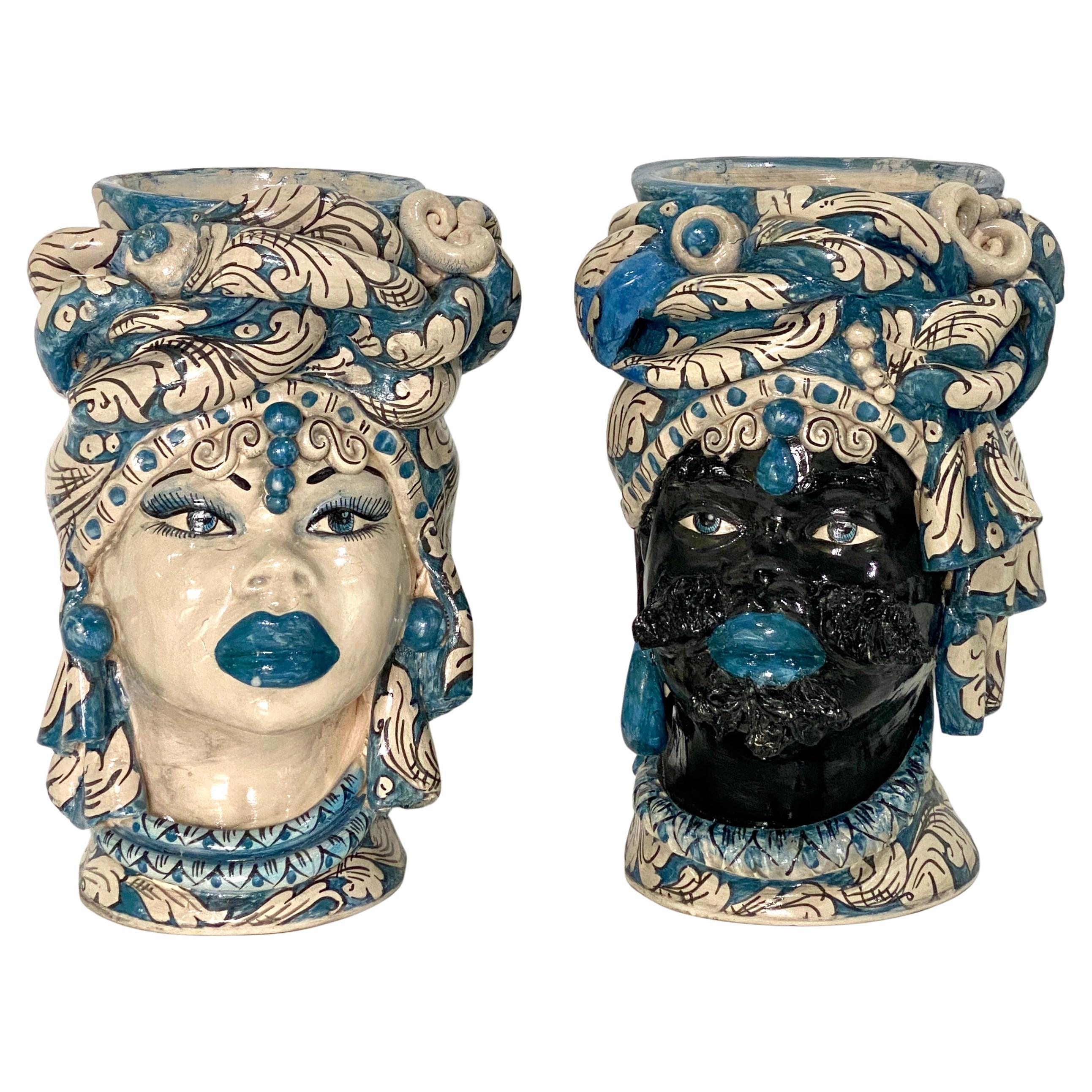 Vintage Italian Signed Black White Blue Moorish Man Woman Sculpture Head Vases