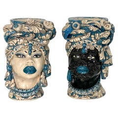 Vintage Italian Signed Black White Blue Moorish Man Woman Sculpture Head Vases