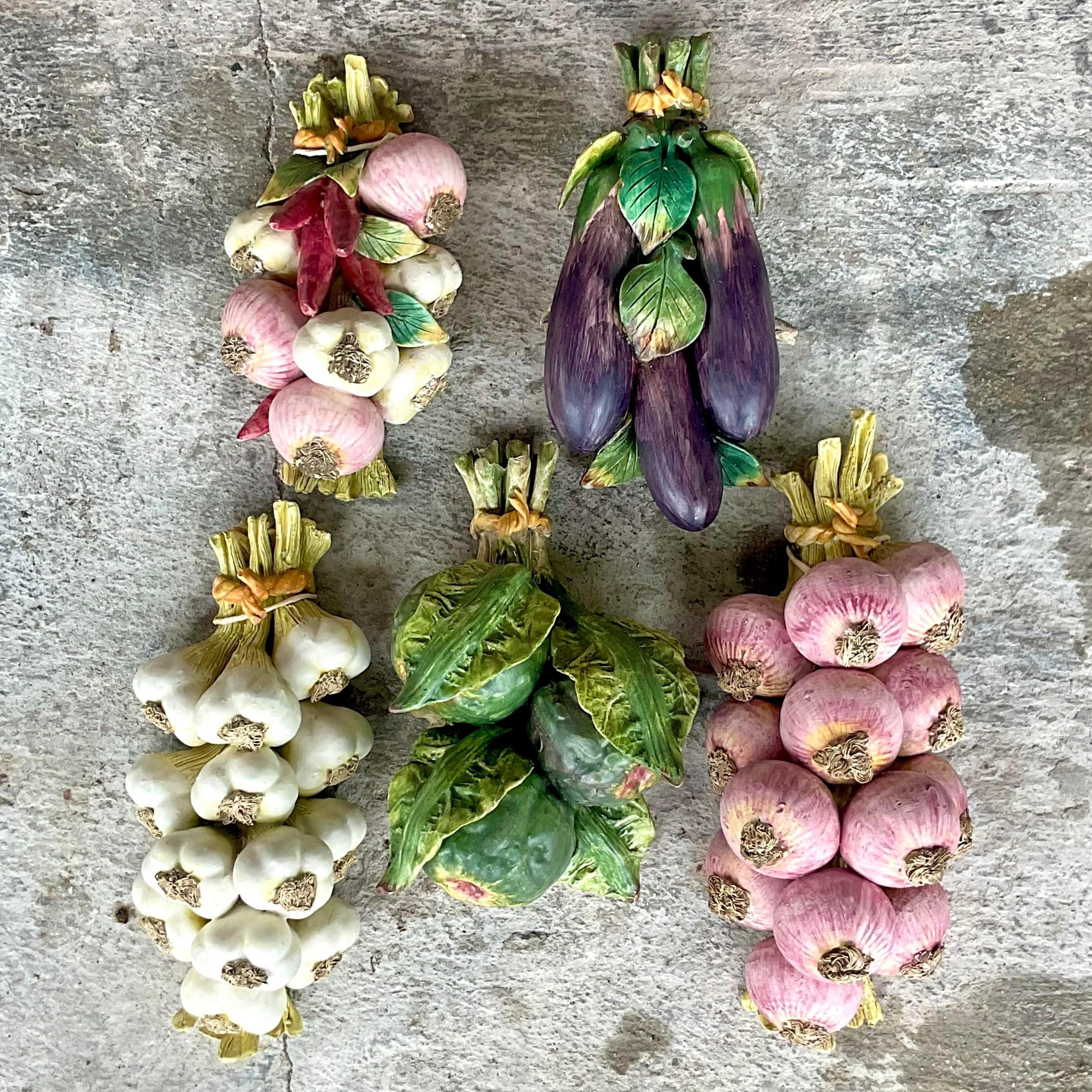 Vintage Italian Hand Painted Matte Glazed Ceramic Vegetable Bundles -Set of 5 7