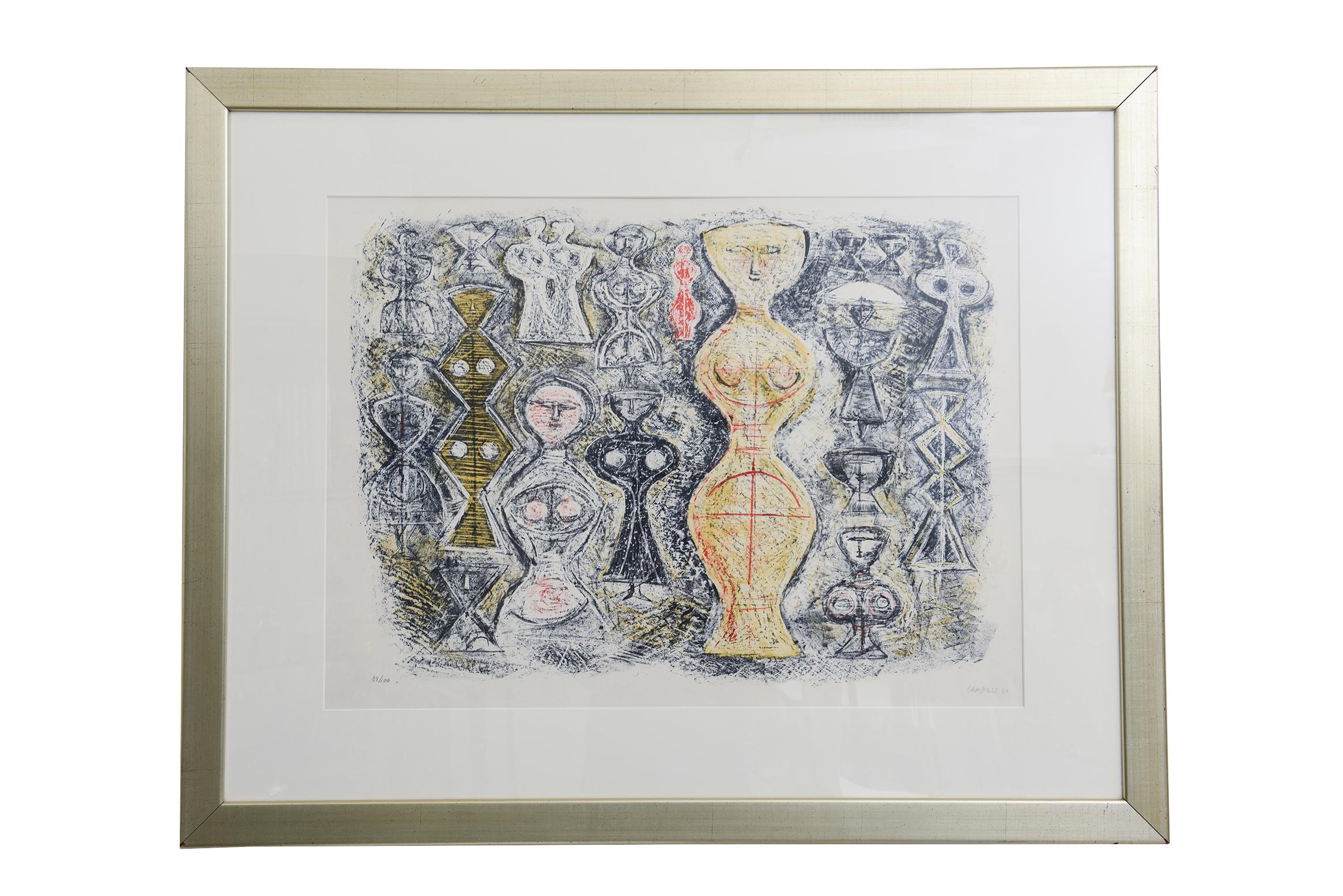Diese dynamische, limitierte und signierte Steinlithografie des italienischen Künstlers Massimo Campigli stammt aus dem Jahr 1961 und ist in einer Auflage von 34/100 erschienen. Signiert in der rechten Ecke und mit dem Editionsvermerk des Künstlers