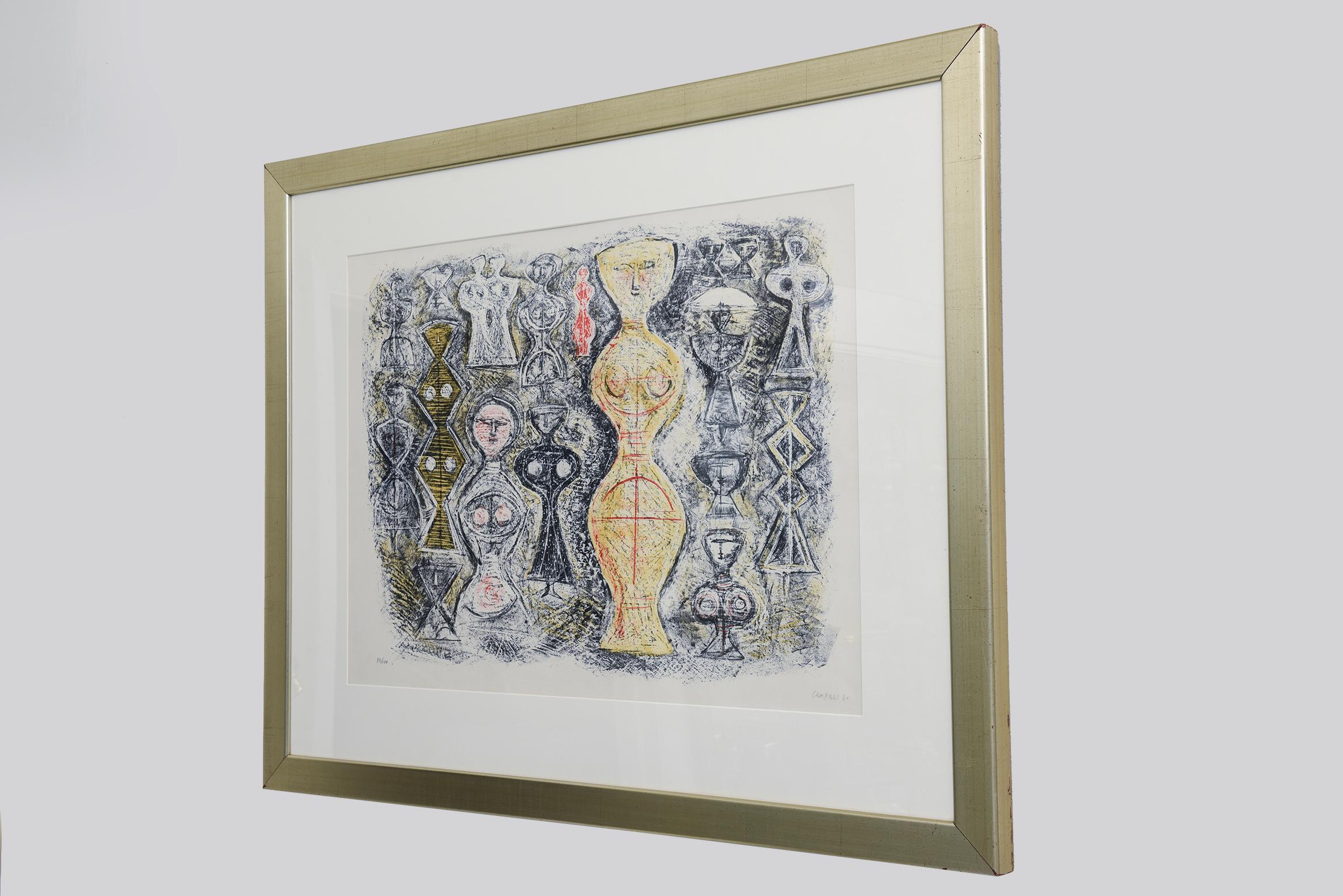Vintage Italienisch Signiert Massimo Campigli Stone Lithographie Femme Sur Fond Bleu (Moderne der Mitte des Jahrhunderts) im Angebot