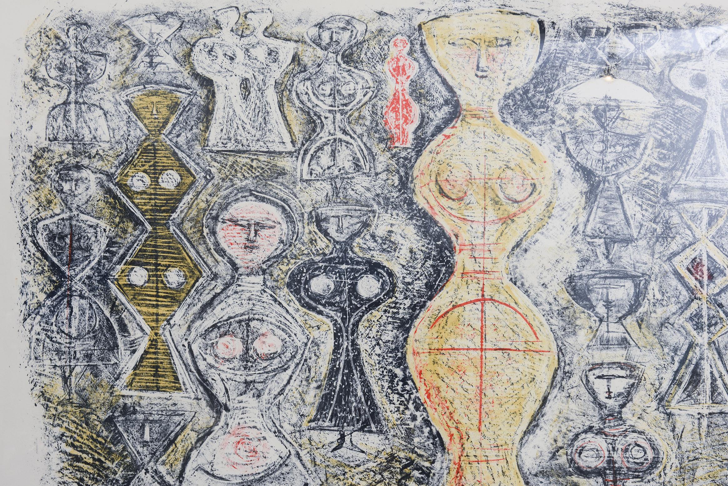Vintage Italienisch Signiert Massimo Campigli Stone Lithographie Femme Sur Fond Bleu (Mitte des 20. Jahrhunderts) im Angebot