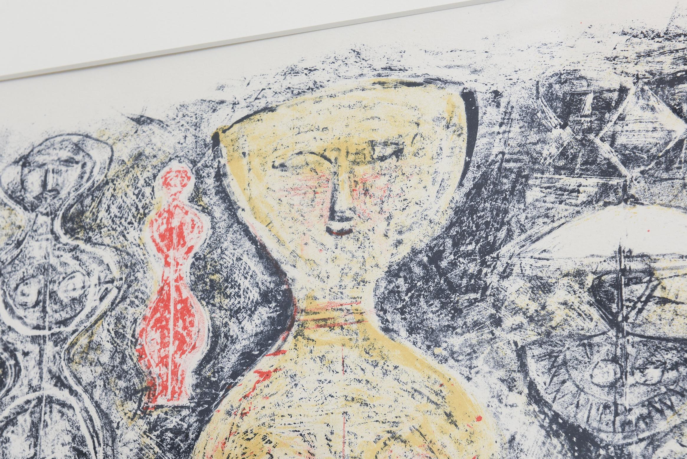Vintage Italienisch Signiert Massimo Campigli Stone Lithographie Femme Sur Fond Bleu (Blattsilber) im Angebot
