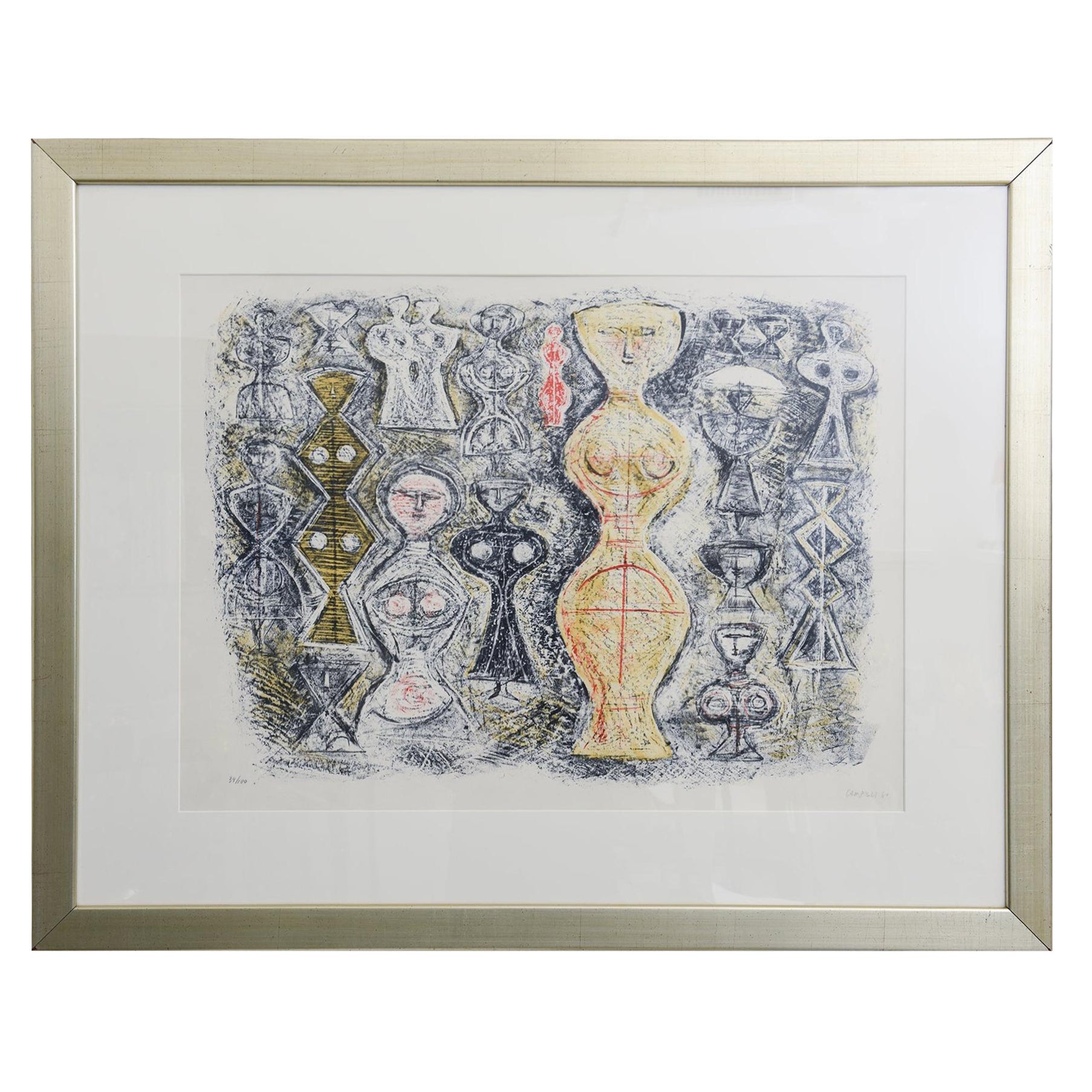 Vintage Italienisch Signiert Massimo Campigli Stone Lithographie Femme Sur Fond Bleu