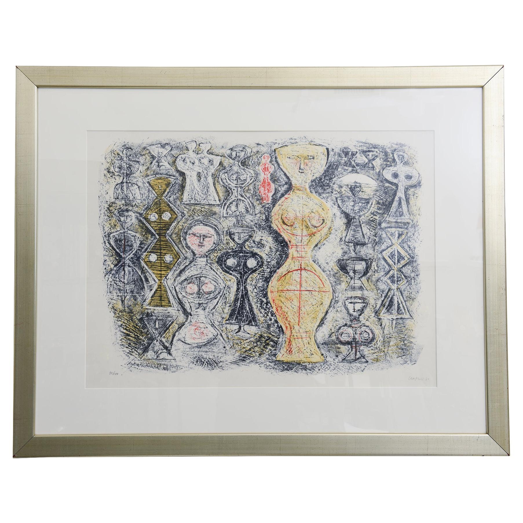 Vintage By firmato Massimo Campigli Stone Litografia Femme Sur Fond Bleu
