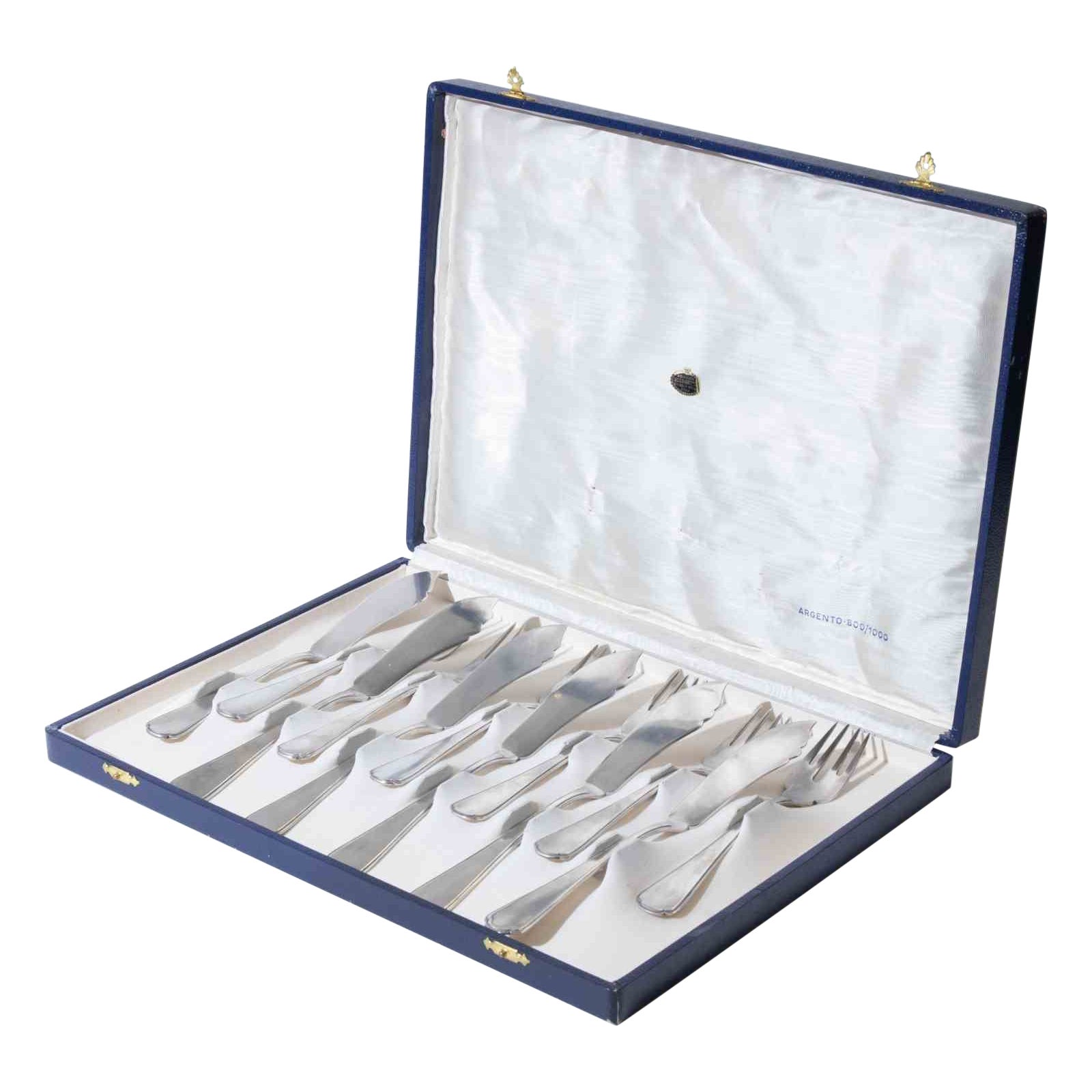 Vintage Italian Silver Fish Cutlery Set–12 Pieces in Original Box, 1970s
