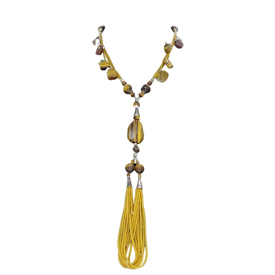 Art Déco Italiano vintage  collana di gala in argento pietre e occhio di tigre in vendita