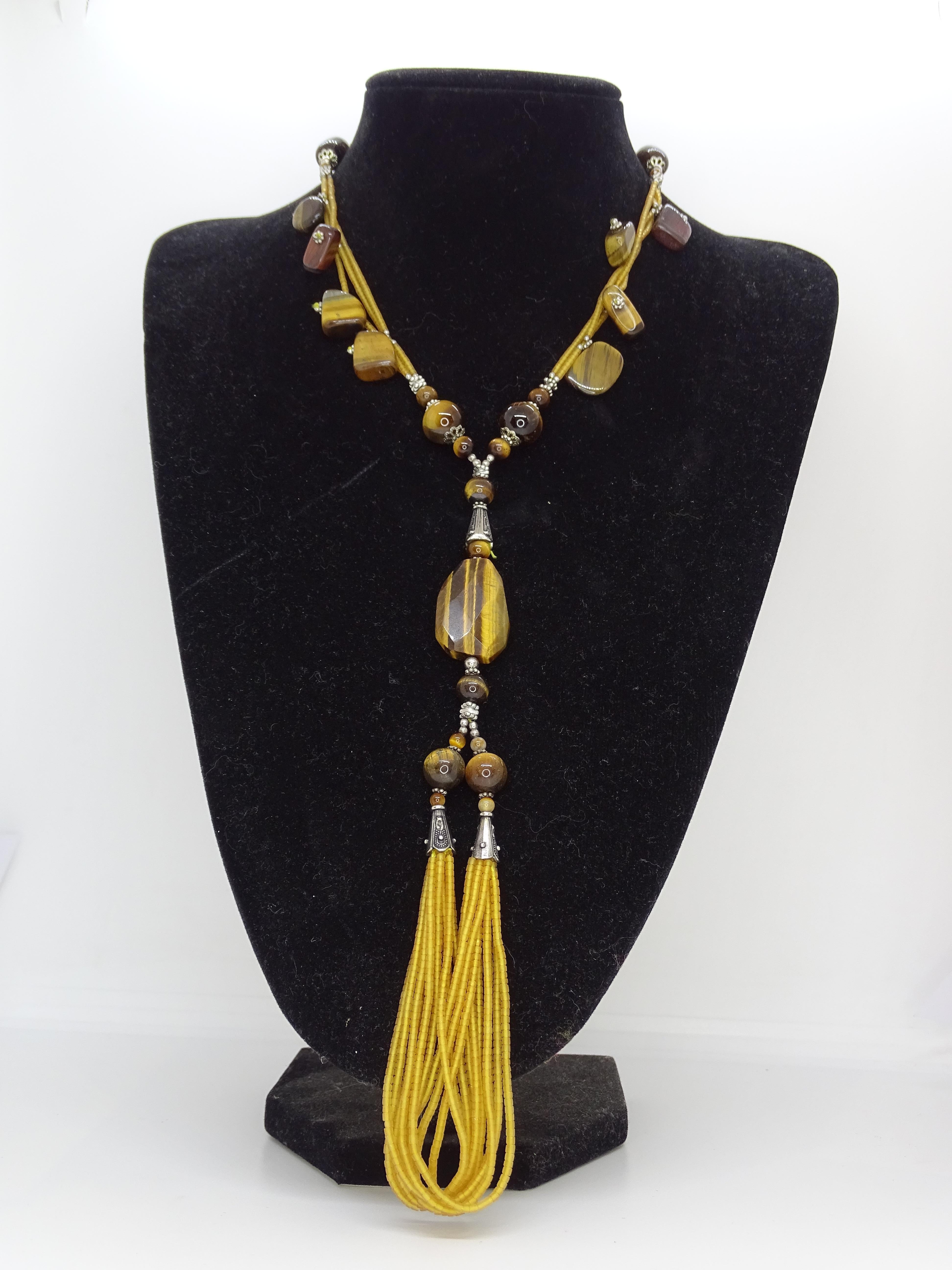 da uomo o donna Italiano vintage  collana di gala in argento pietre e occhio di tigre in vendita