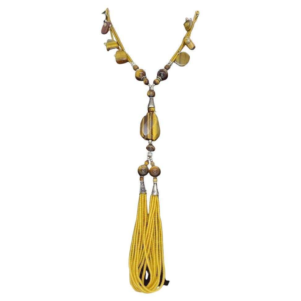 Italiano vintage  collana di gala in argento pietre e occhio di tigre