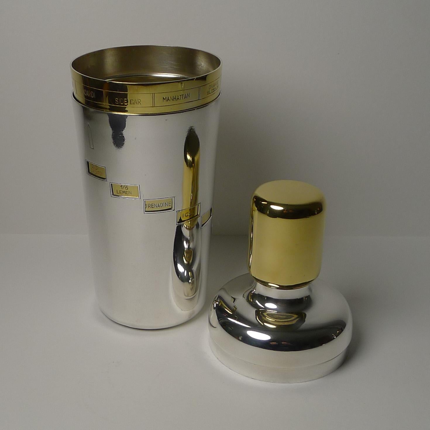 Art Deco Vintage Italian Silver & Gold Plated Recipe / Menu Cocktail Shaker For Sale
