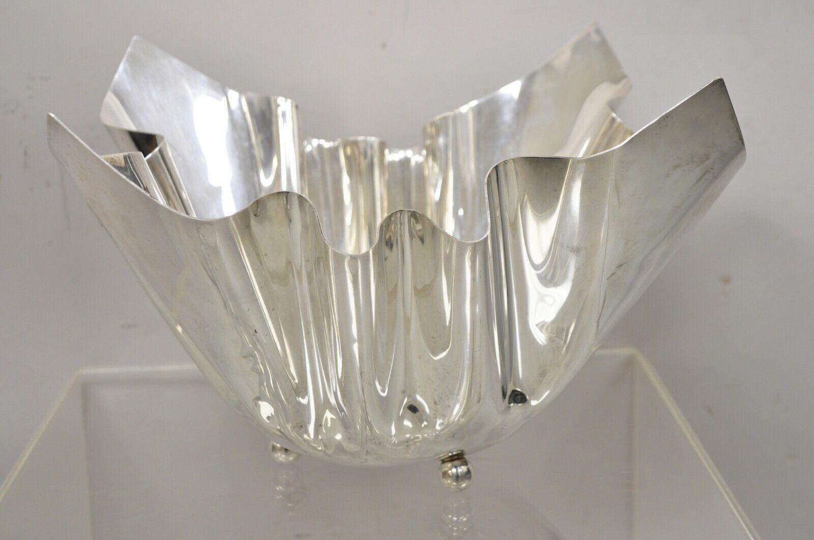 Vintage Italian Silver Plate Handkerchief Fruit Bowl. Item featurses a unique sculptural form, raised on 3 ball form feet, clean modernist lines, great style and form. Circa Late 20th Century. Measurements: 9
