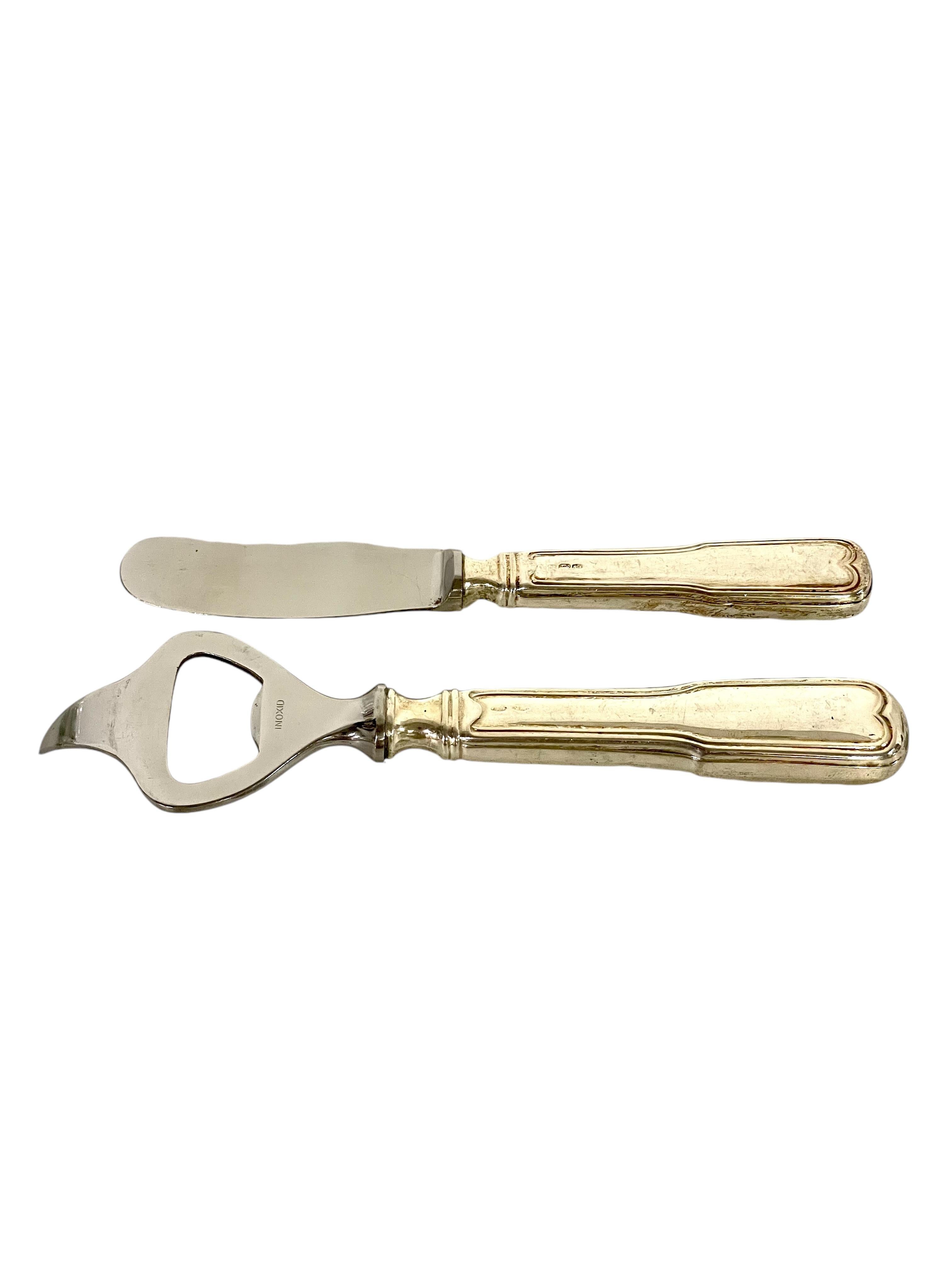 An elegant matching pair of vintage Italian silver-plated implements, consisting of a stainless steel sharp-ended bottle opener and a butter knife, each with a silver- plated handle. Stamped with Italian hallmarks on their handles, and 'Inox' on