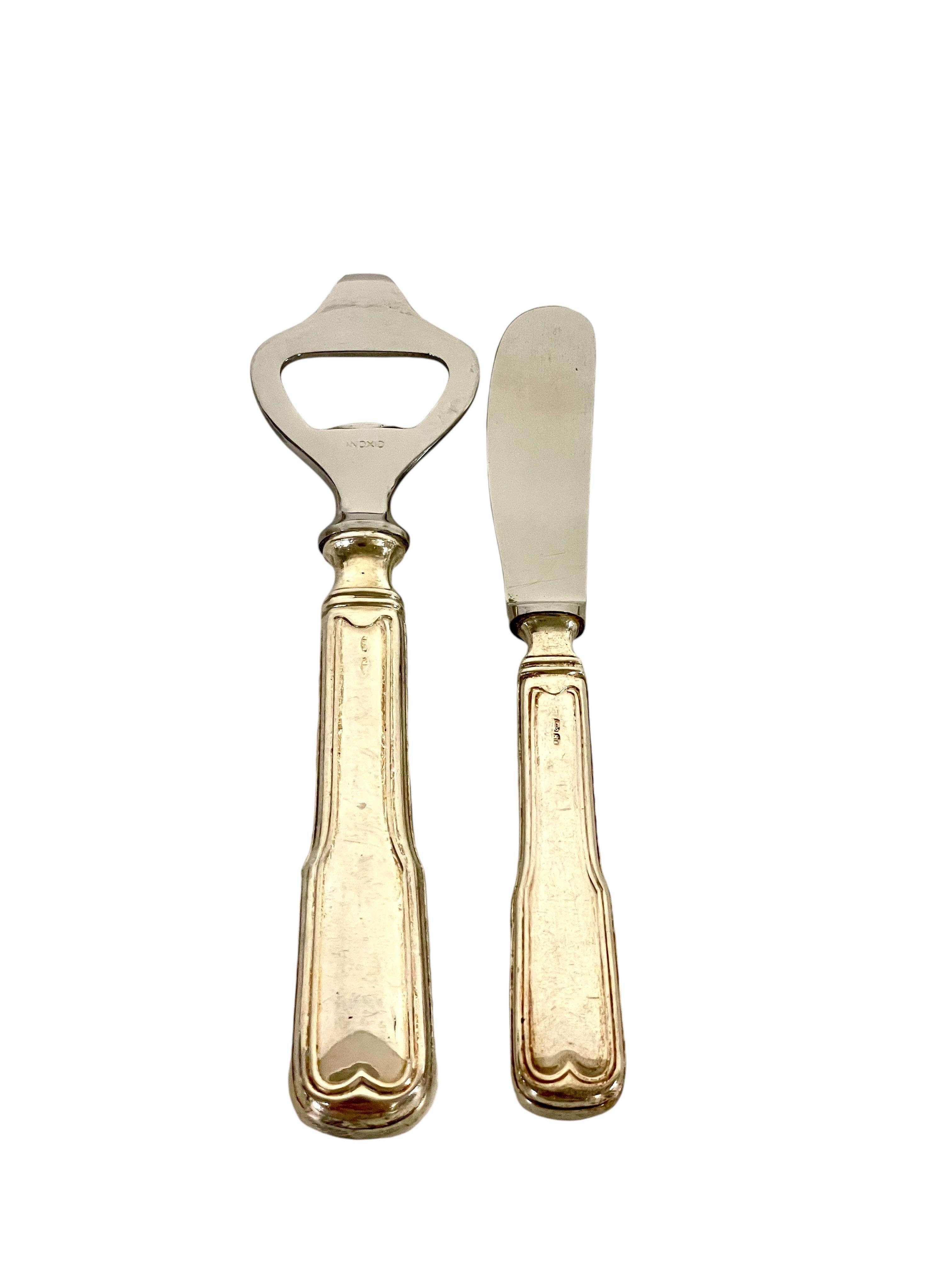 French Vintage Italian Silver-Plated Bottle Opener and Butter Knife Duo For Sale