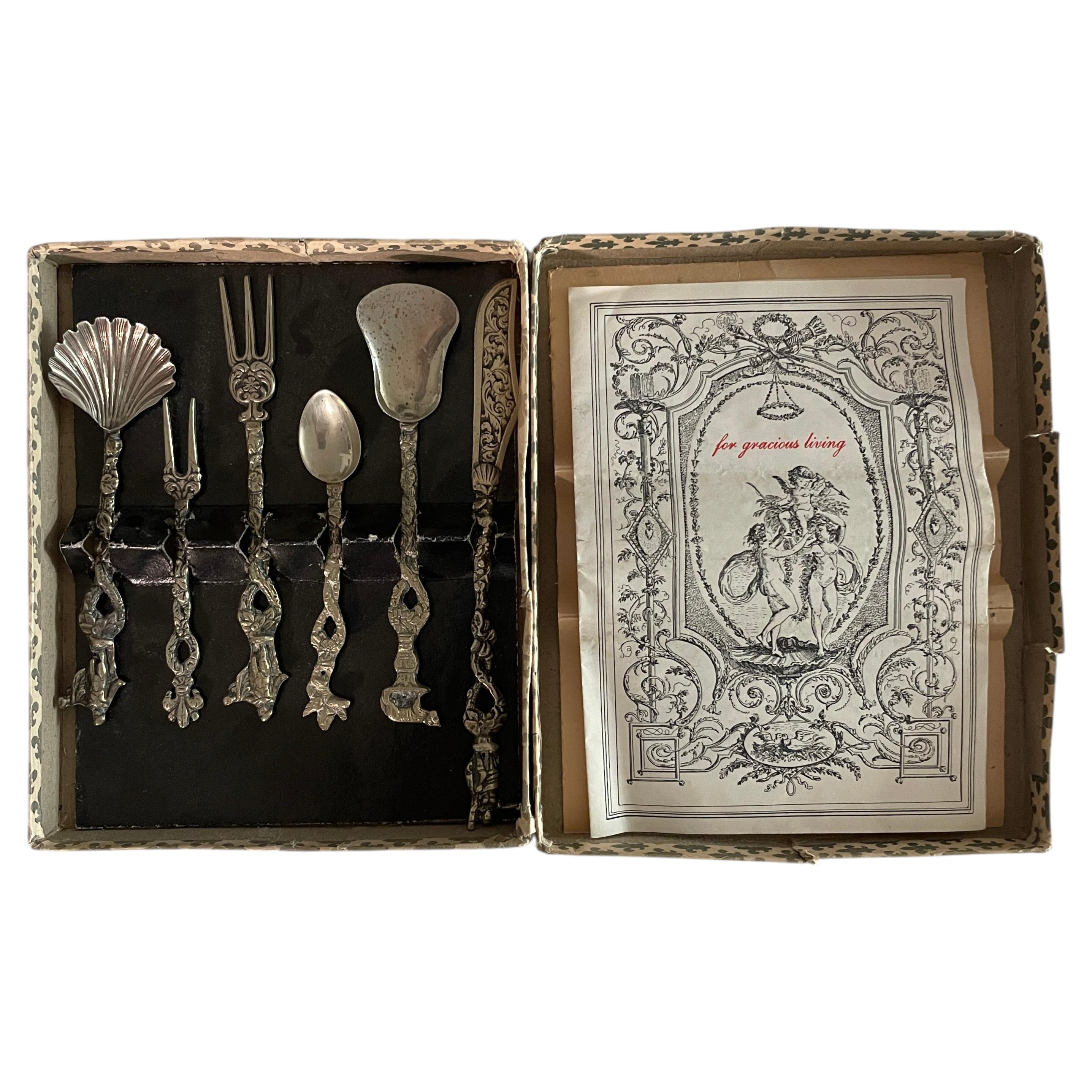 Vintage Italian Silver-Plated Figural Serving Cutlery Set in Original Presentati For Sale