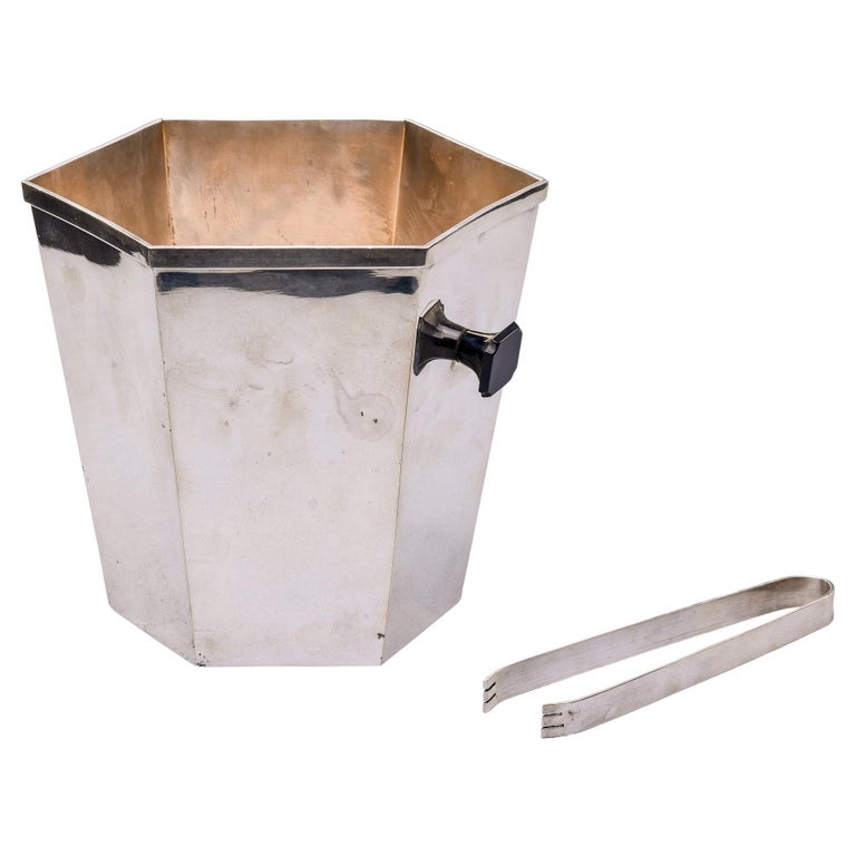 Vintage Italian Silver Plated Ice Bucket with Ice Tongs For Sale at 1stDibs