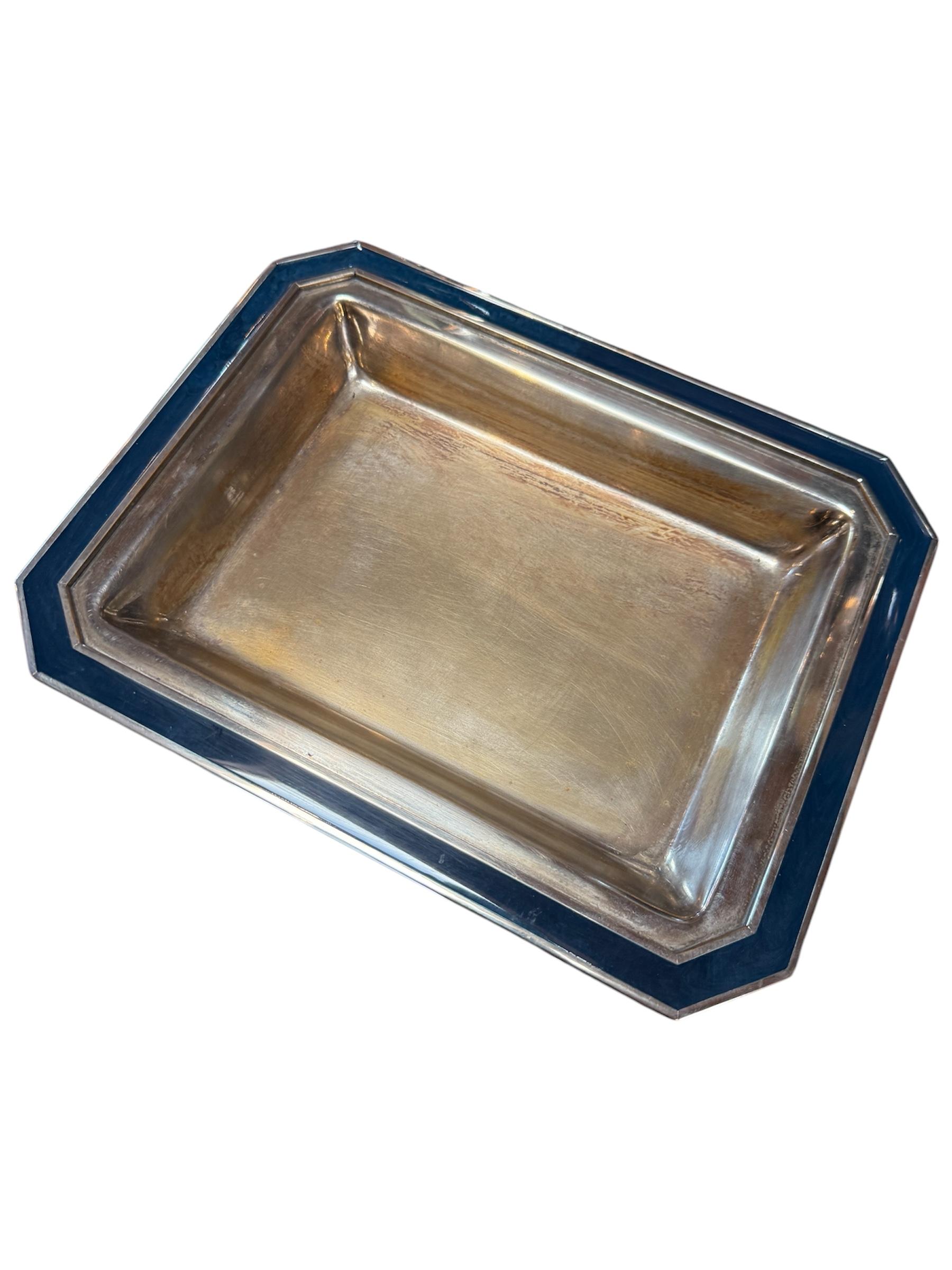 Vintage Italian Silver-Plated Tray with Enamel Border In Good Condition For Sale In Los Angeles, CA