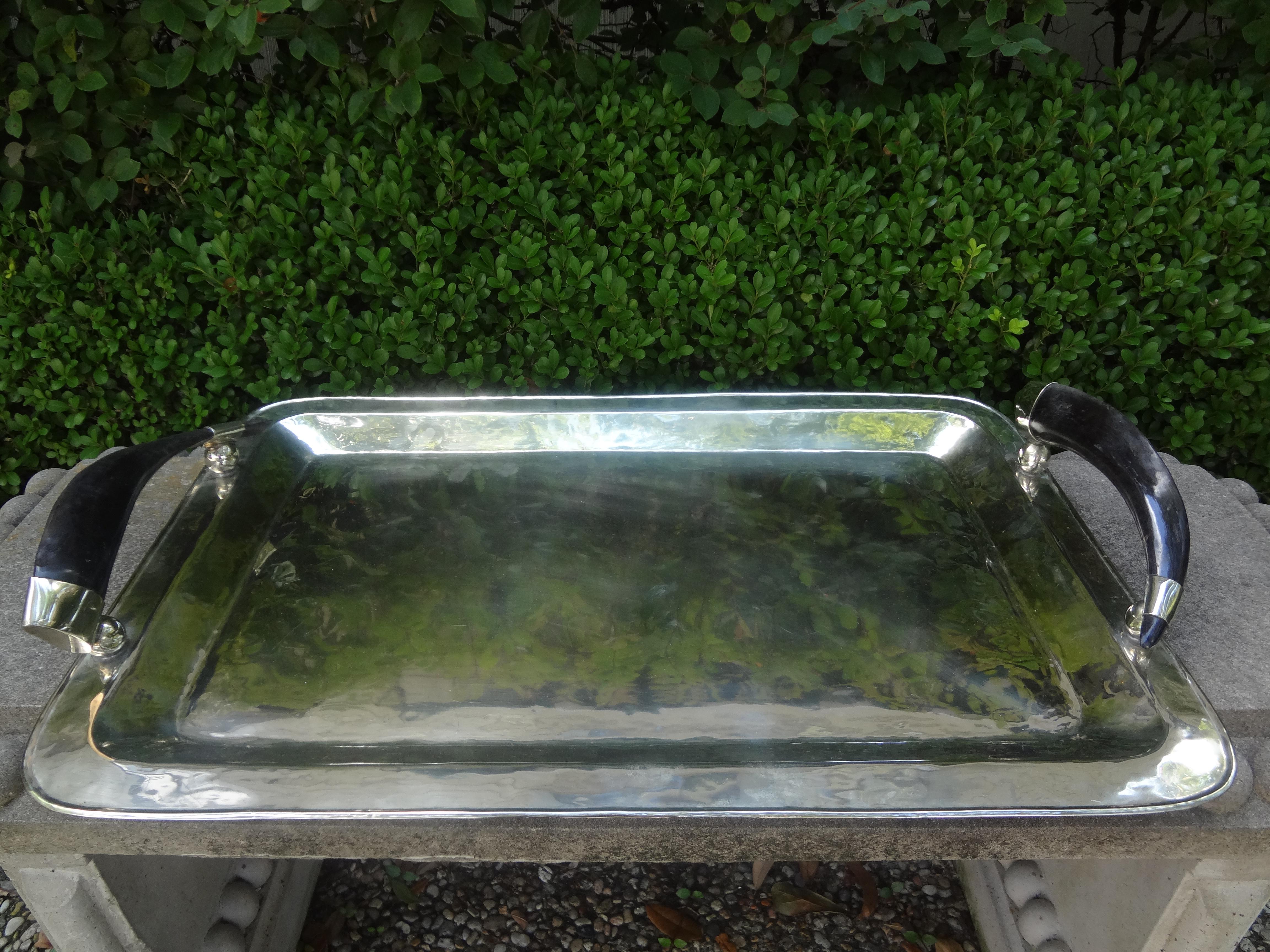 Stunning vintage Italian silver plated rectangular tray with horn handles. This large mid-century Italian Buccellati style tray is perfect for serving or as a cocktail table accessory.