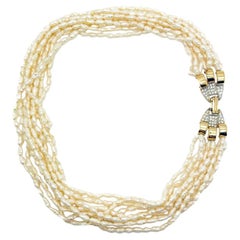 Vintage Italian Silver Vermeil Clasp Multistrand Freshwater Pearl Necklace 1990s