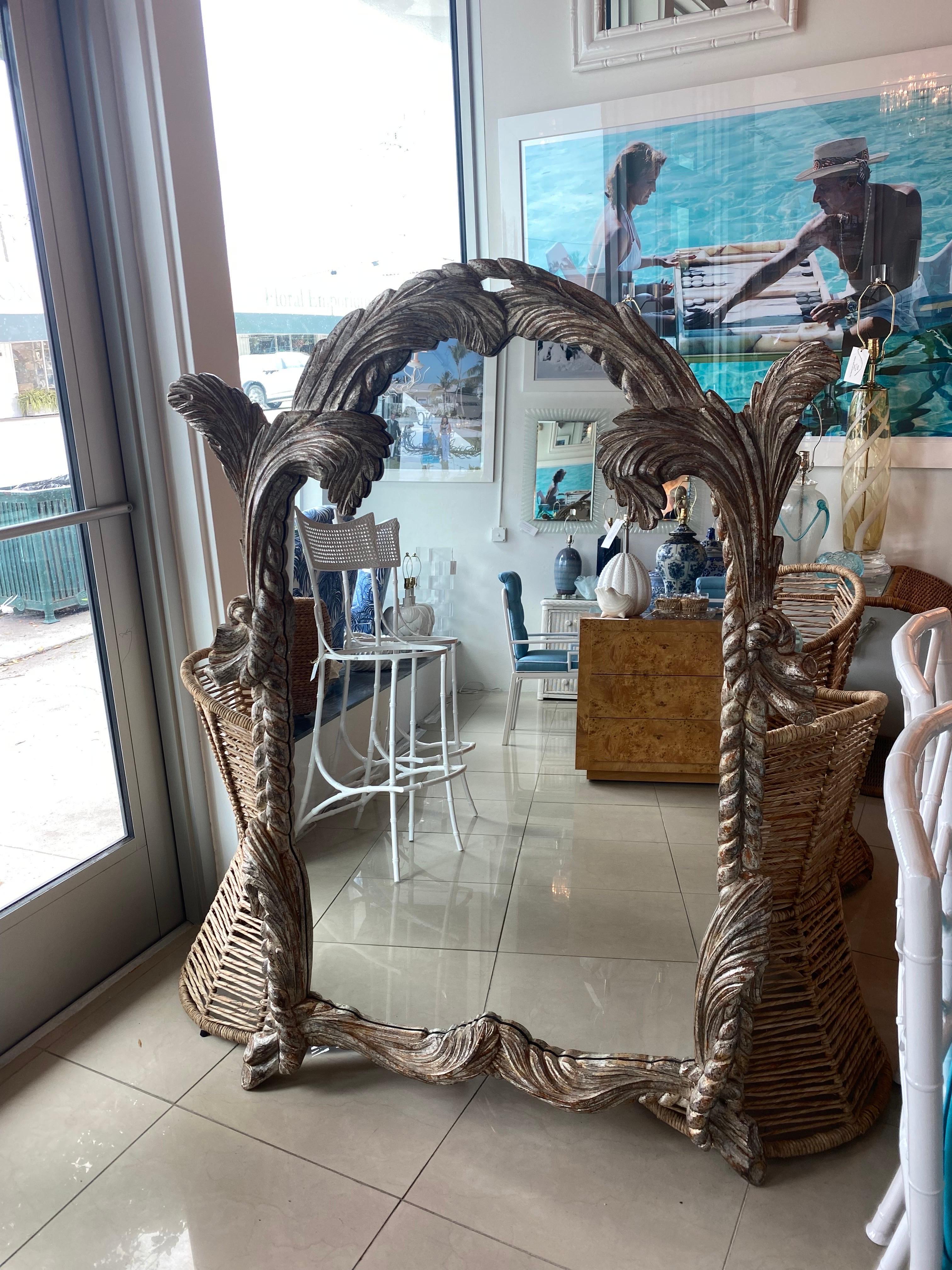 Vintage LaBarge Italian Wood Carved Palm Tree Frond Wall Mirror Two Available For Sale 8