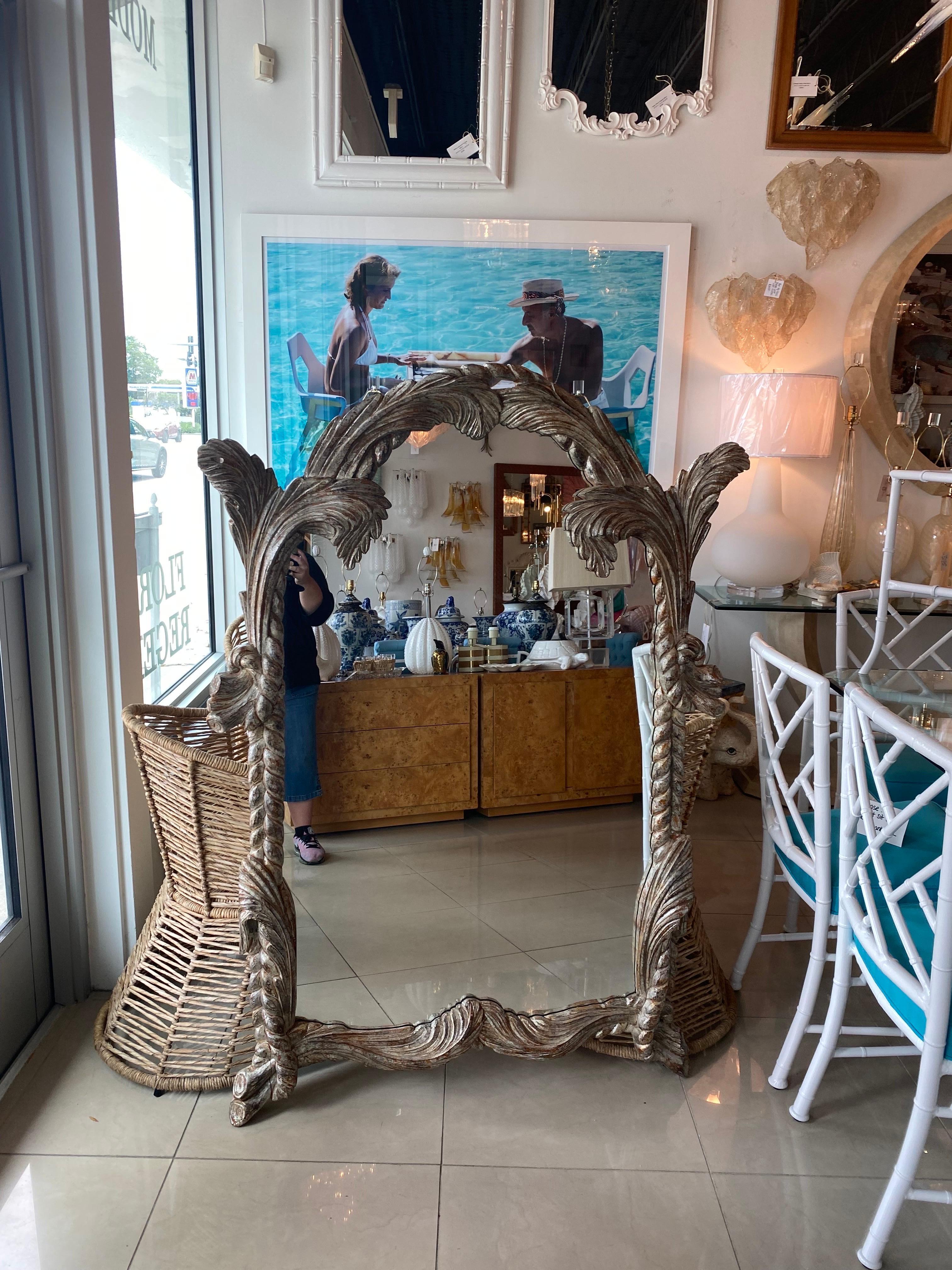 Vintage LaBarge Italian Wood Carved Palm Tree Frond Wall Mirror Two Available In Good Condition For Sale In West Palm Beach, FL