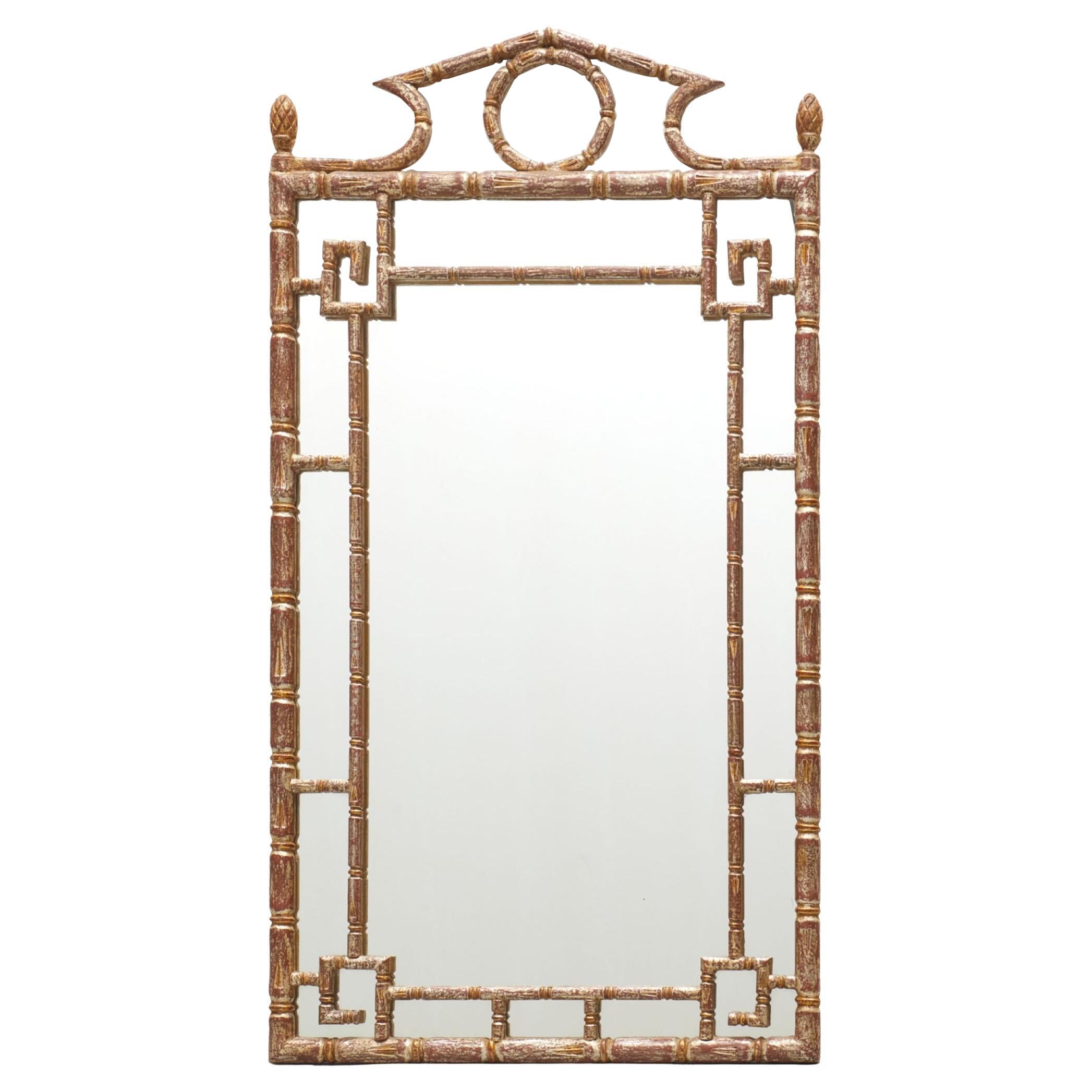 Vintage Italian Silvered Chinoiserie Faux Bamboo Mirror with Pagoda Crest