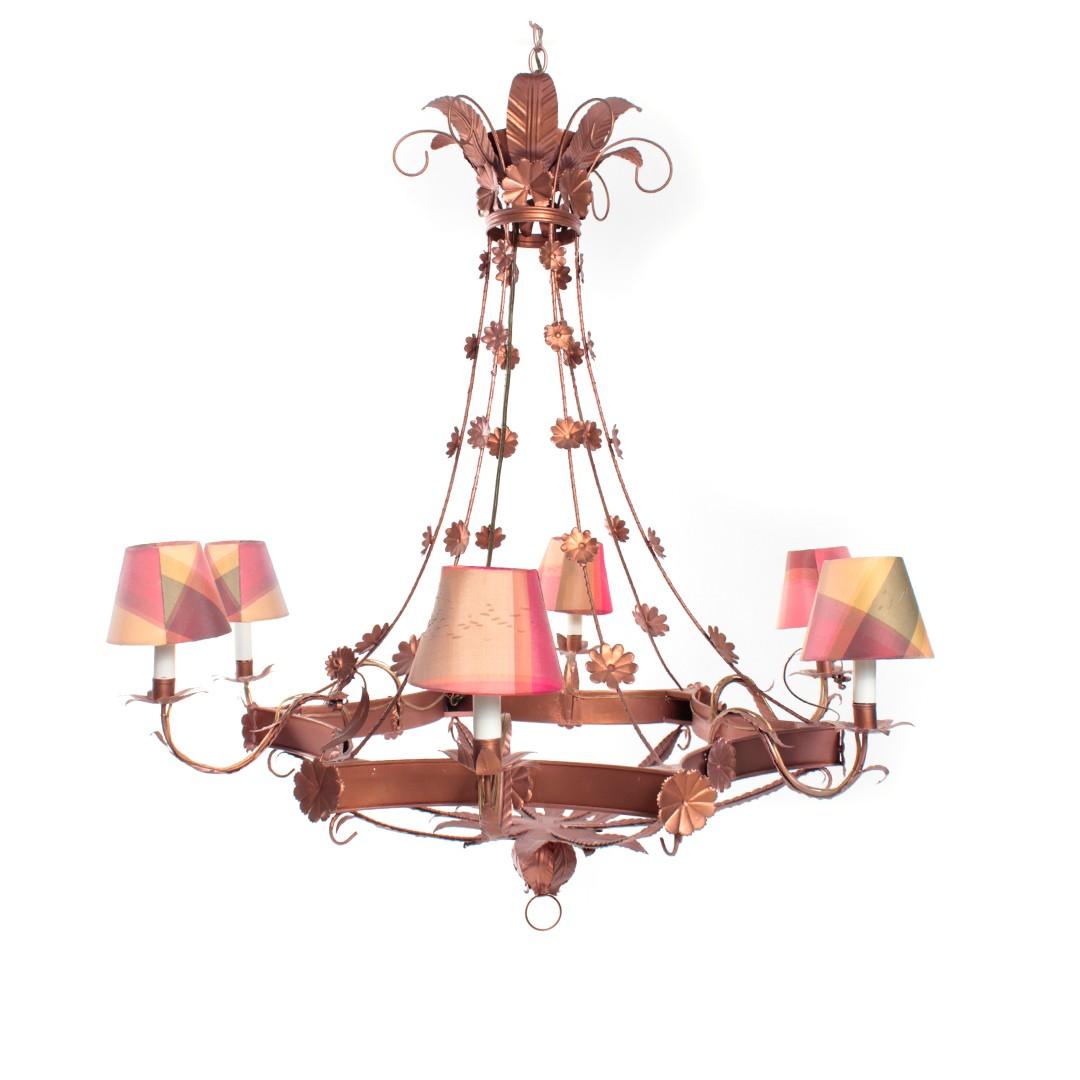 Vintage Italian Six-Arm Tole Chandelier in Copper Finish