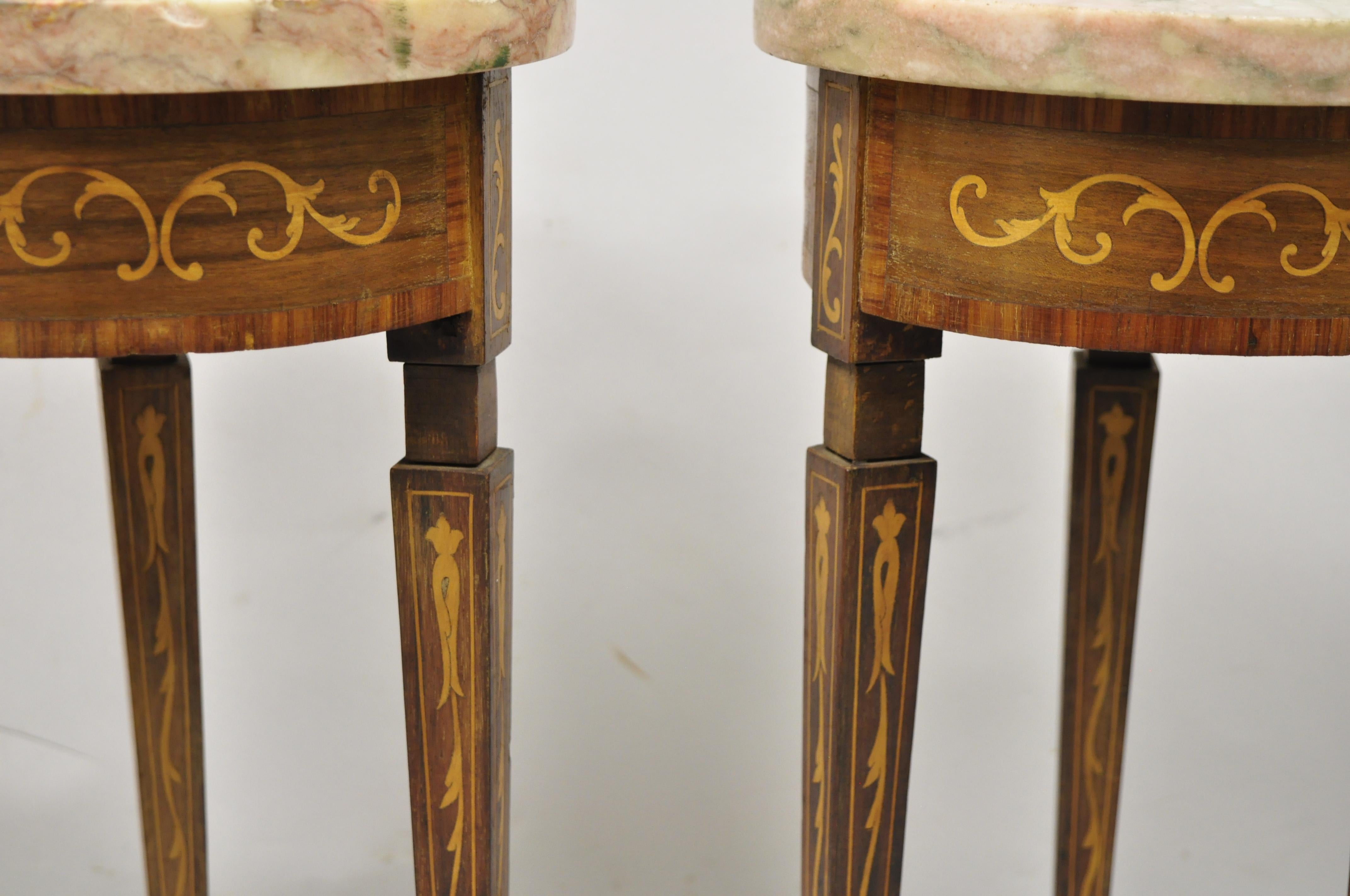 Vintage Italian Small Pink Marble Top Round Satinwood Inlaid Side Table, a Pair 3