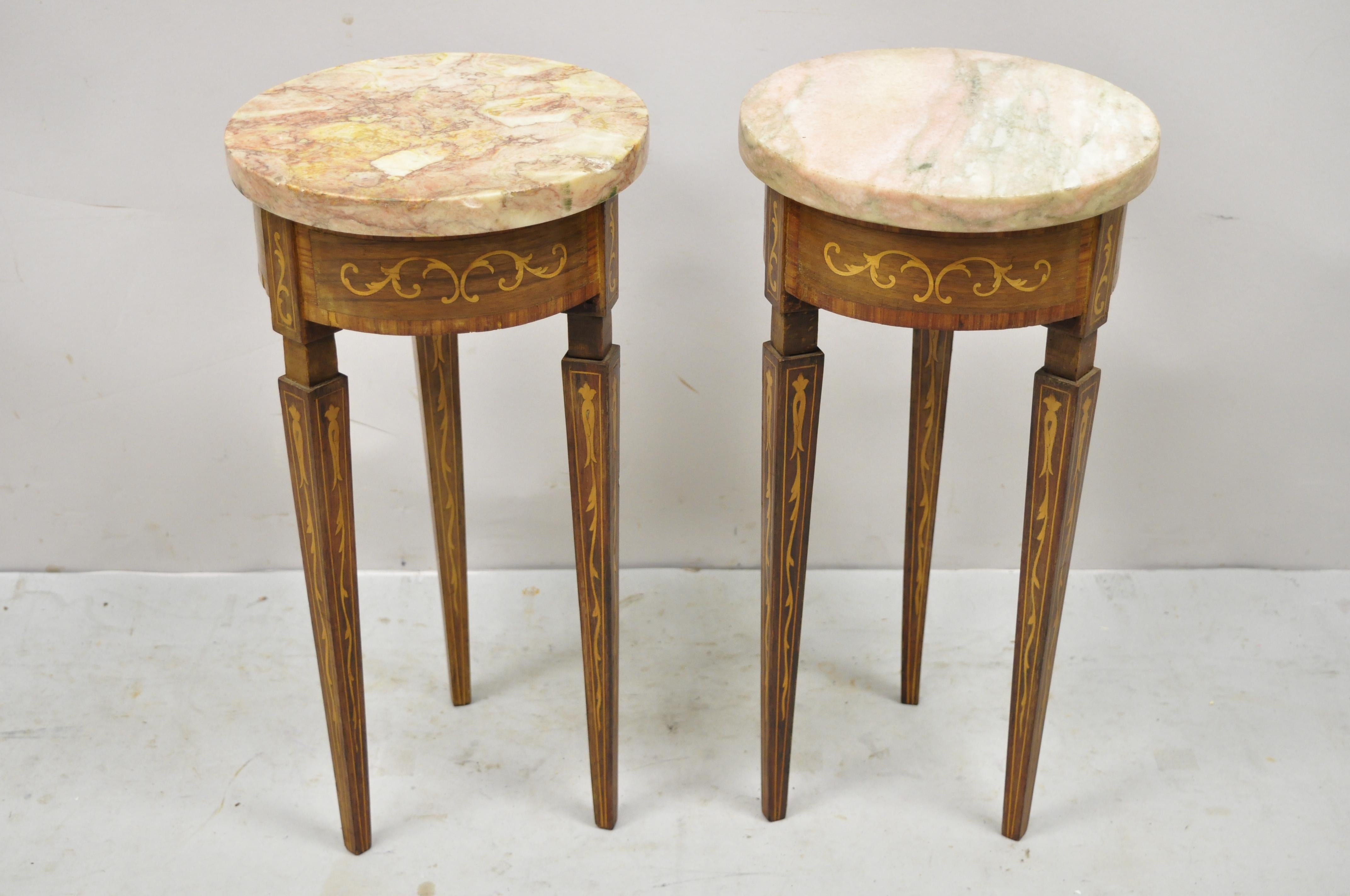 Vintage Italian Small Pink Marble Top Round Satinwood Inlaid Side Table, a Pair 4