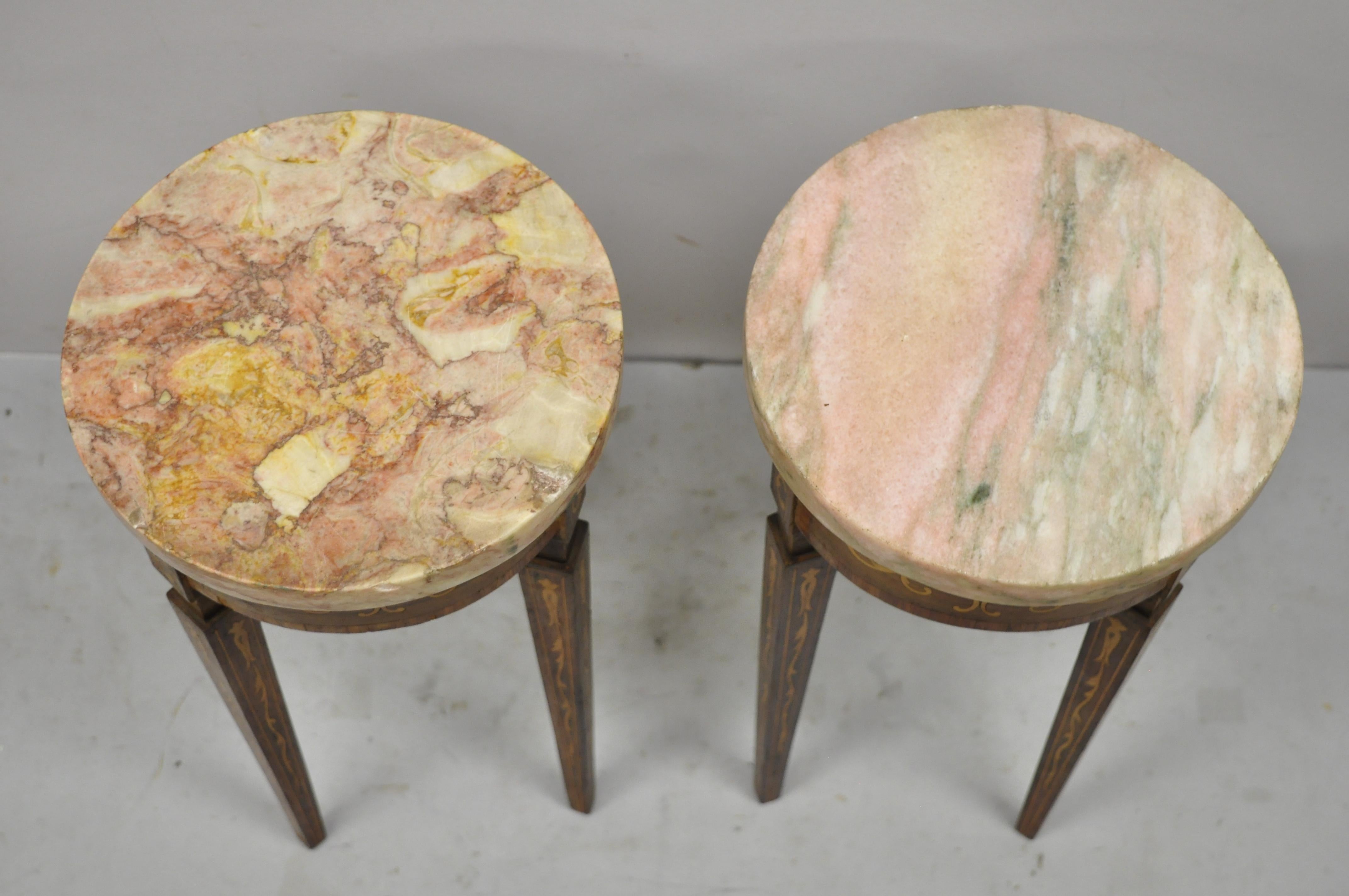 Regency Vintage Italian Small Pink Marble Top Round Satinwood Inlaid Side Table, a Pair