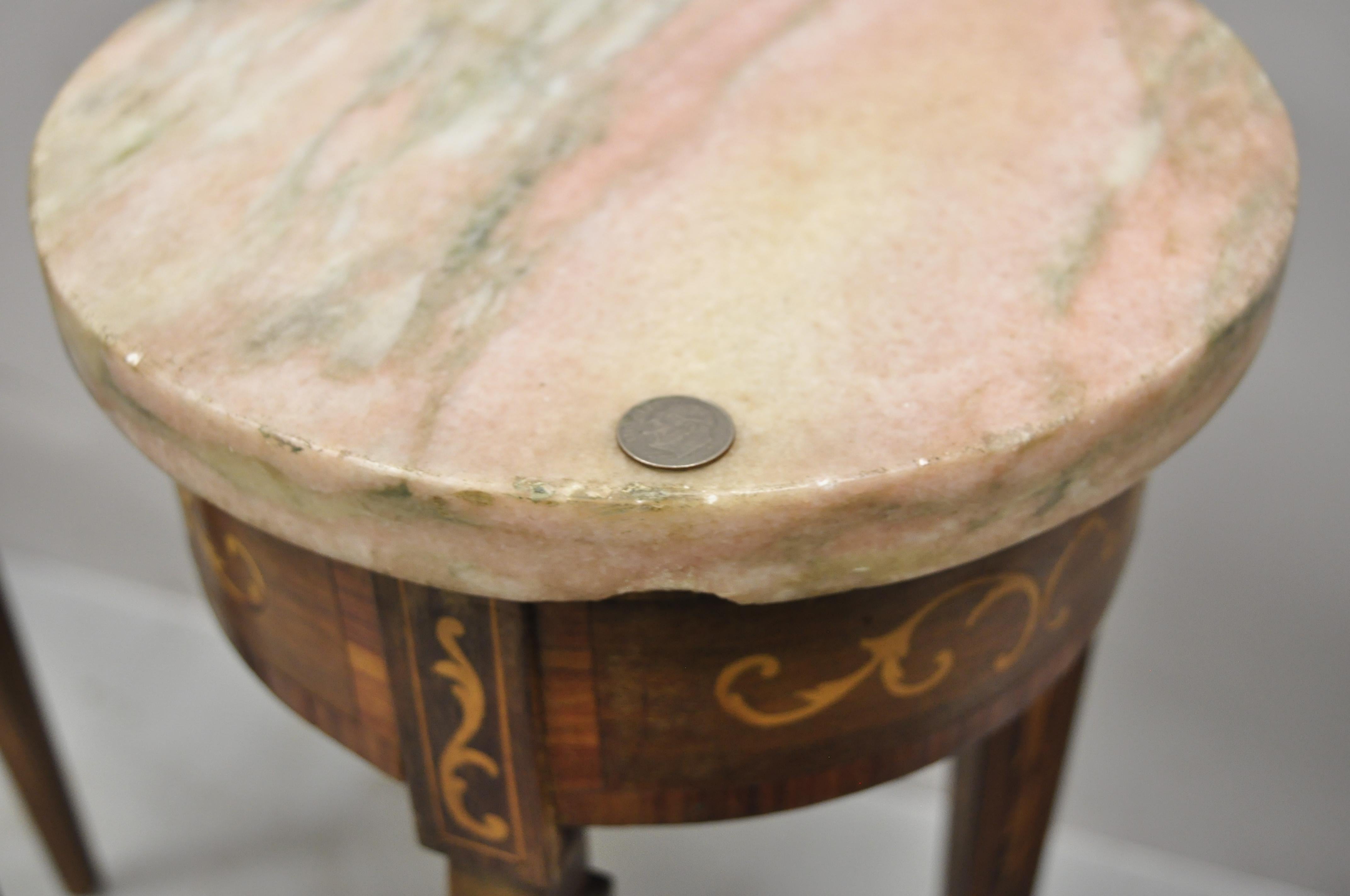 Vintage Italian Small Pink Marble Top Round Satinwood Inlaid Side Table, a Pair In Good Condition In Philadelphia, PA