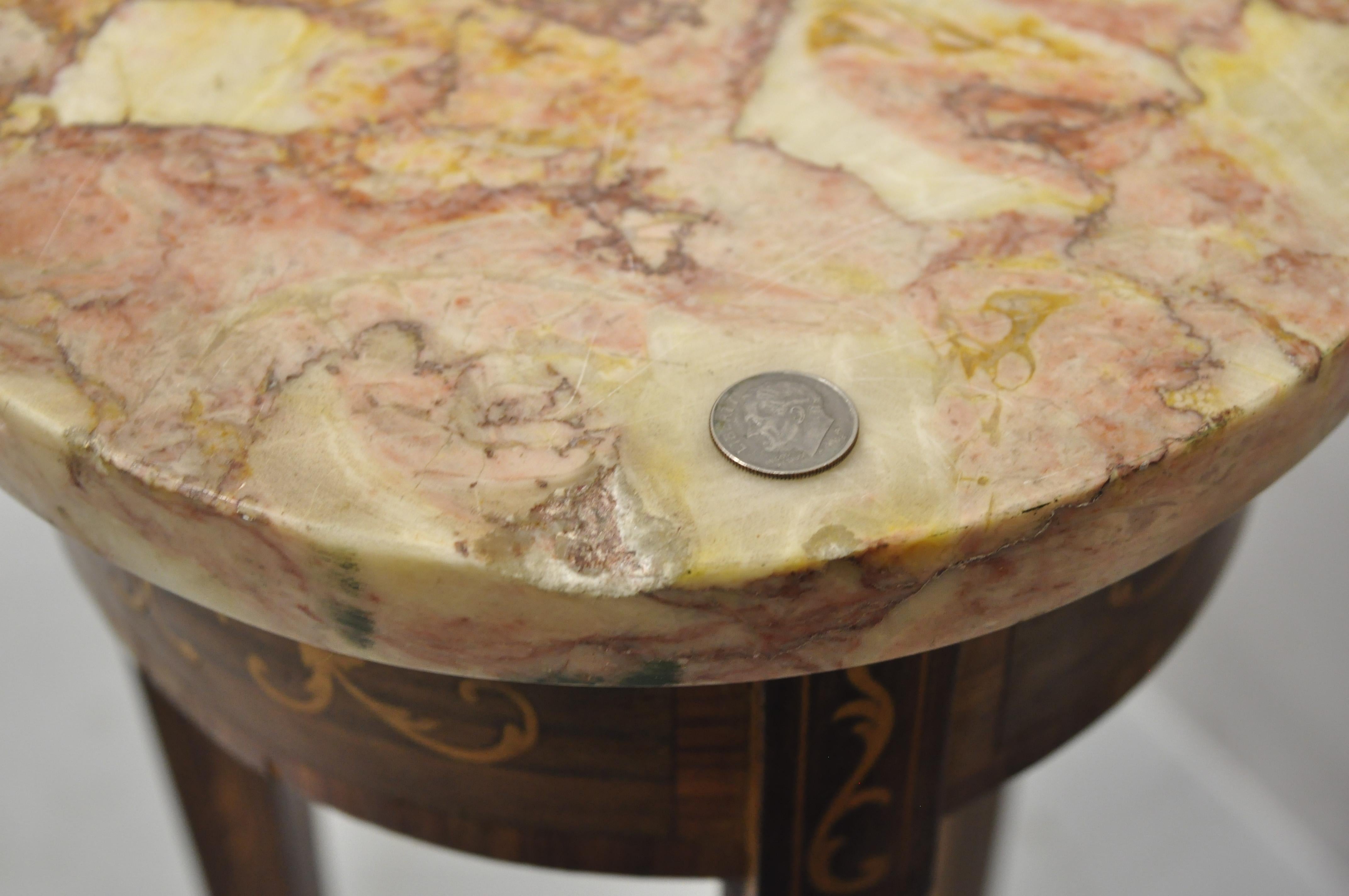 20th Century Vintage Italian Small Pink Marble Top Round Satinwood Inlaid Side Table, a Pair