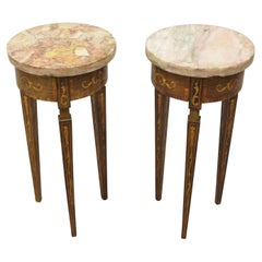Vintage Italian Small Pink Marble Top Round Satinwood Inlaid Side Table, a Pair