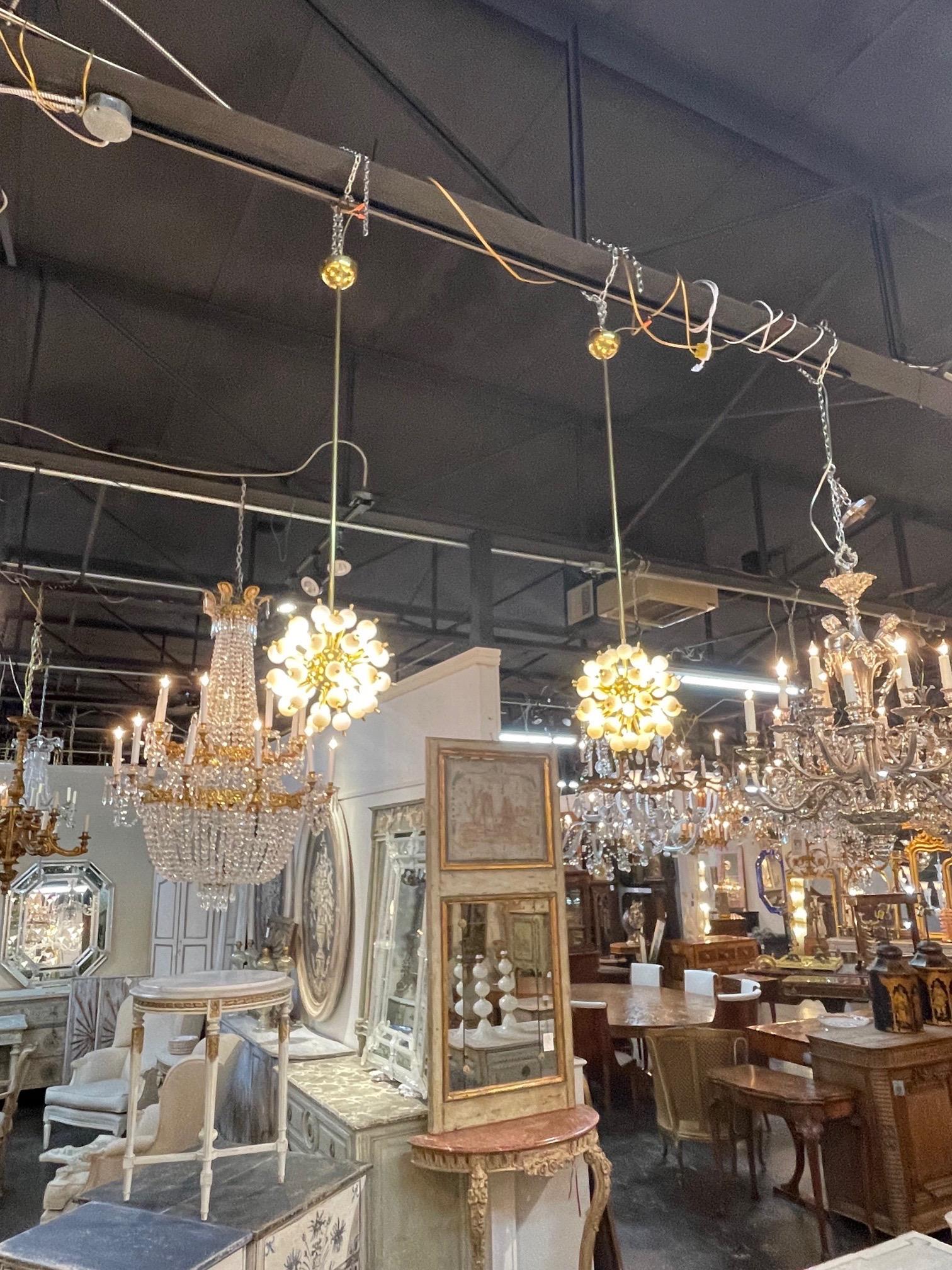 Vintage Italian Small Scale Brass and Glass Sputnik Pendant Lights In Good Condition For Sale In Dallas, TX