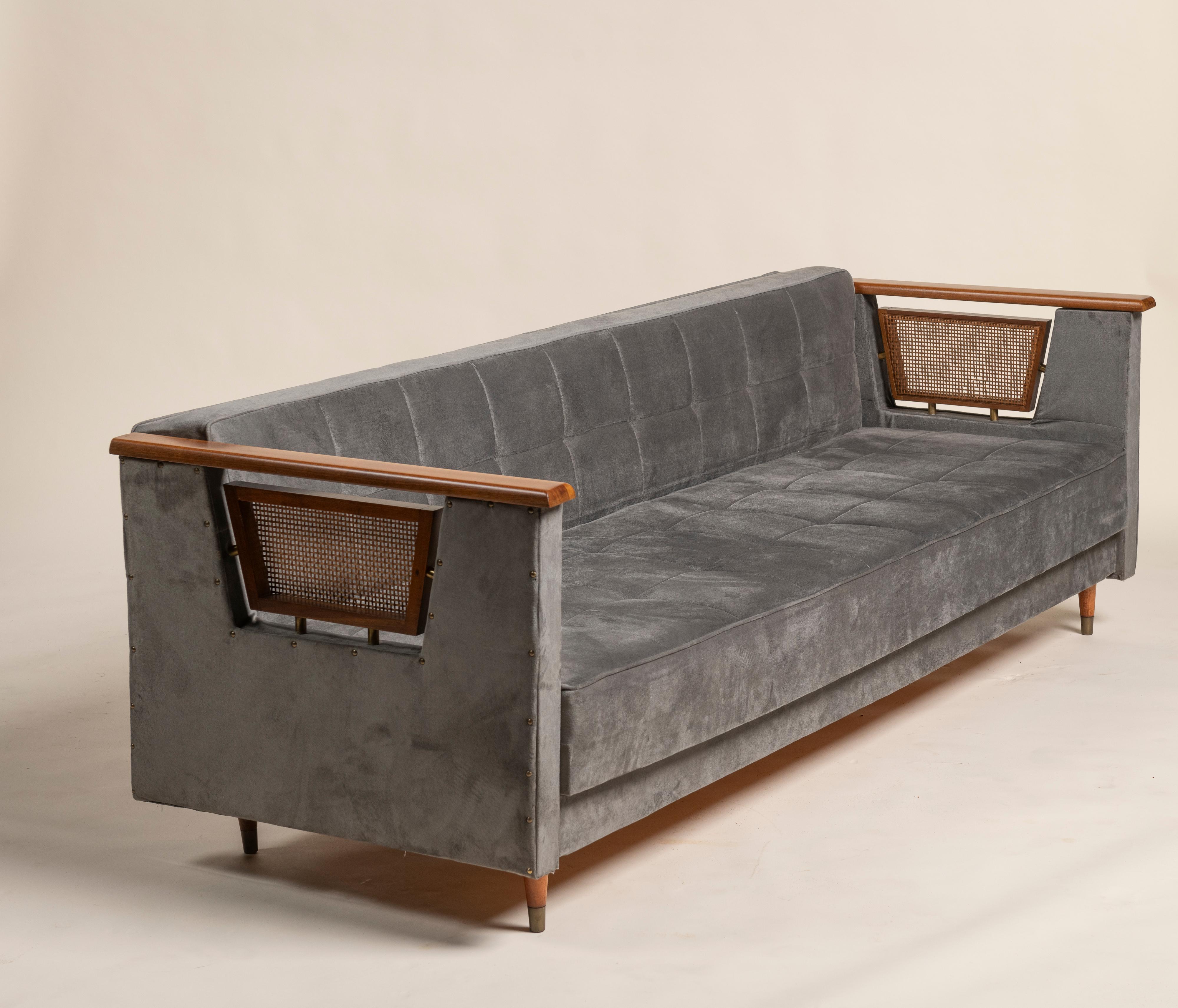 Mid-Century Modern Lit italien vintage avec côtés cannés et détails en bronze, 1950 en vente