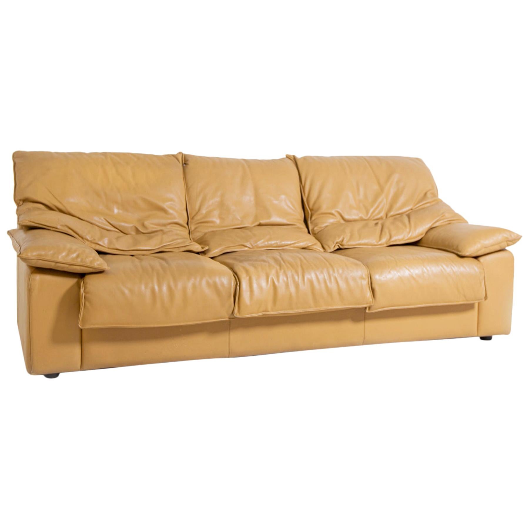 Vintage Italian Sofa Camel-Colored Leather Three-Seat, 1970s For Sale