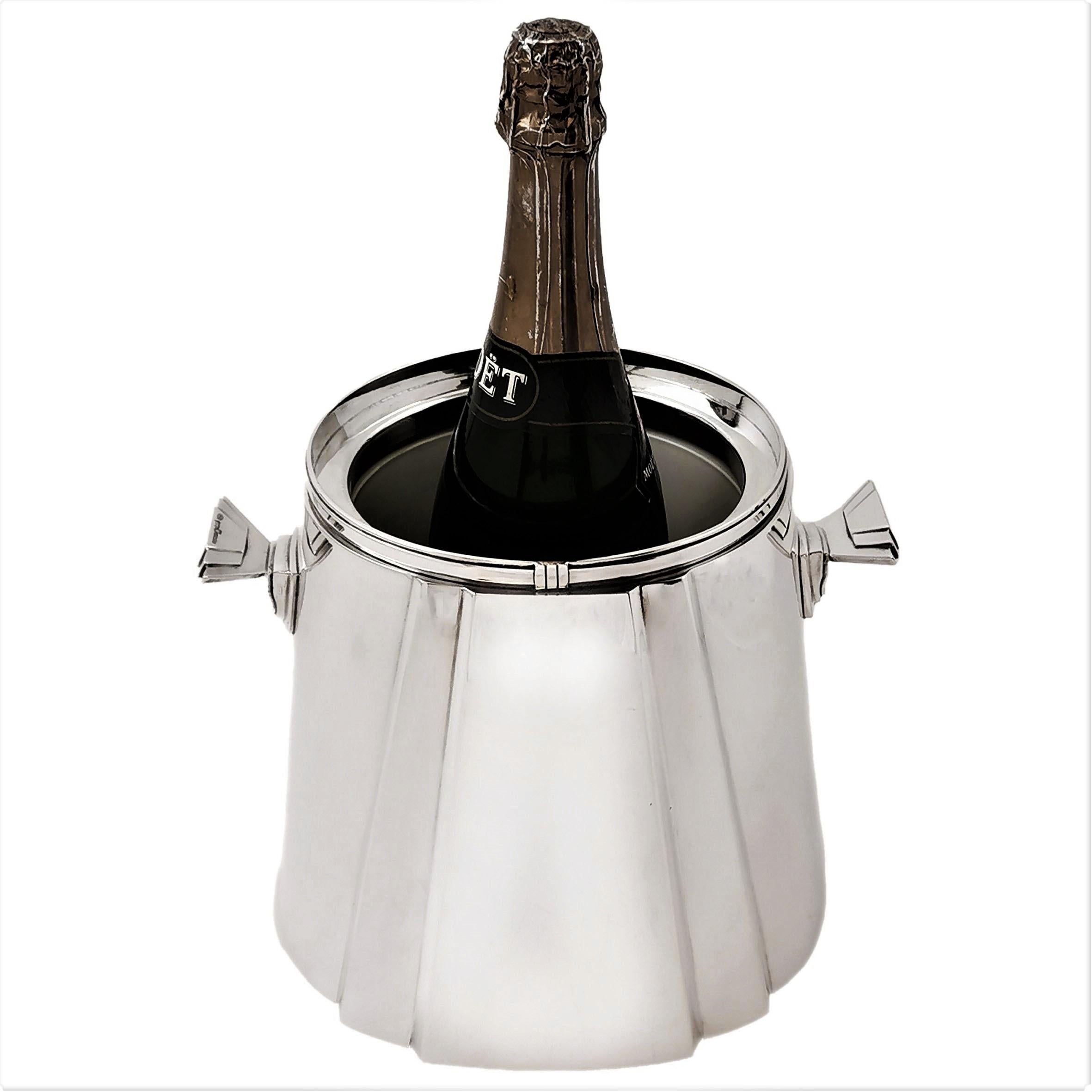 Italian Solid Silver Ice Bucket Champagne Cooler circa 1950 Art Deco Style In Good Condition In London, GB