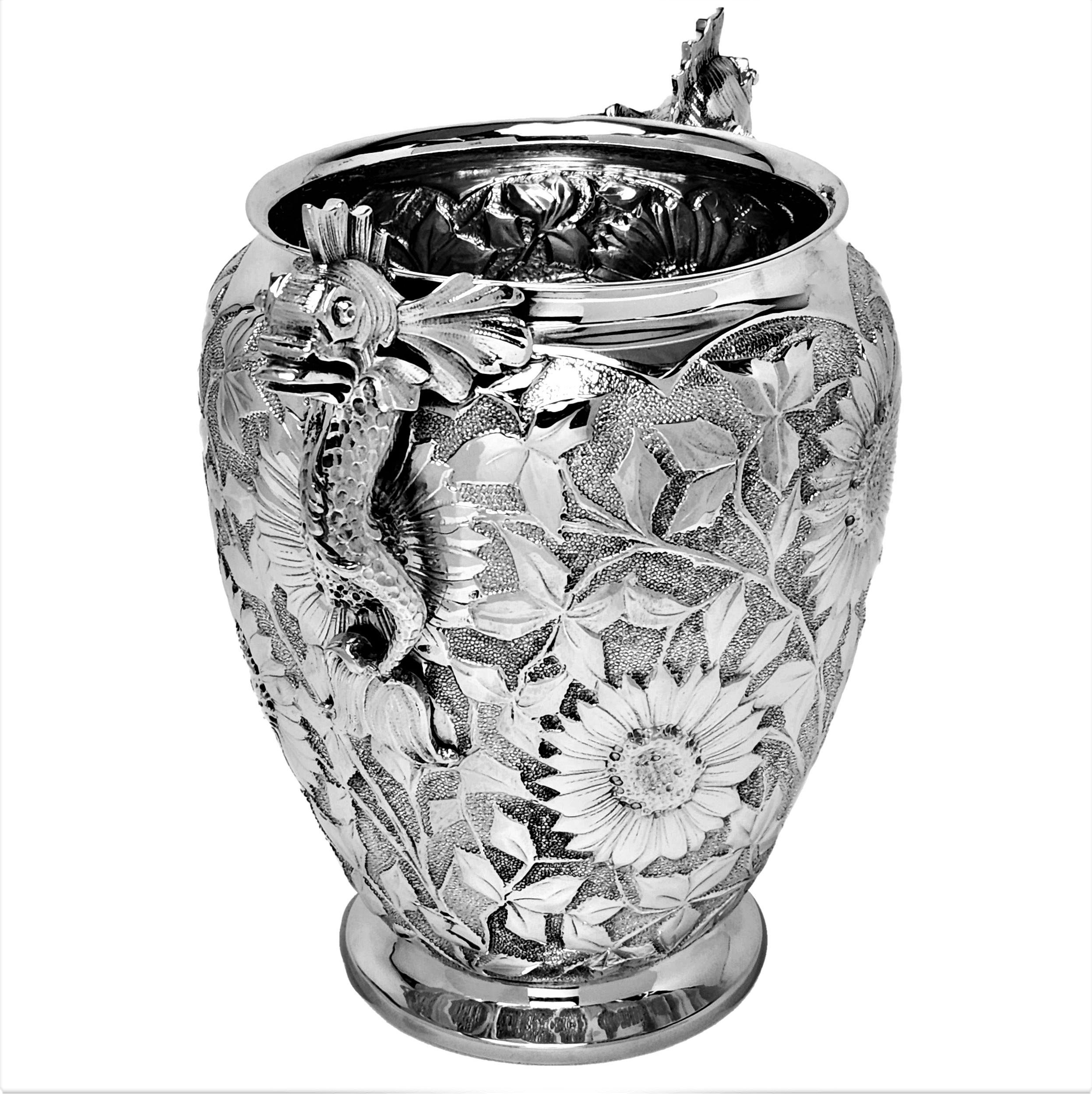 Vintage Italian Solid Silver Wine Cooler Ice Bucket, C. 1950, Floral  In Good Condition In London, GB