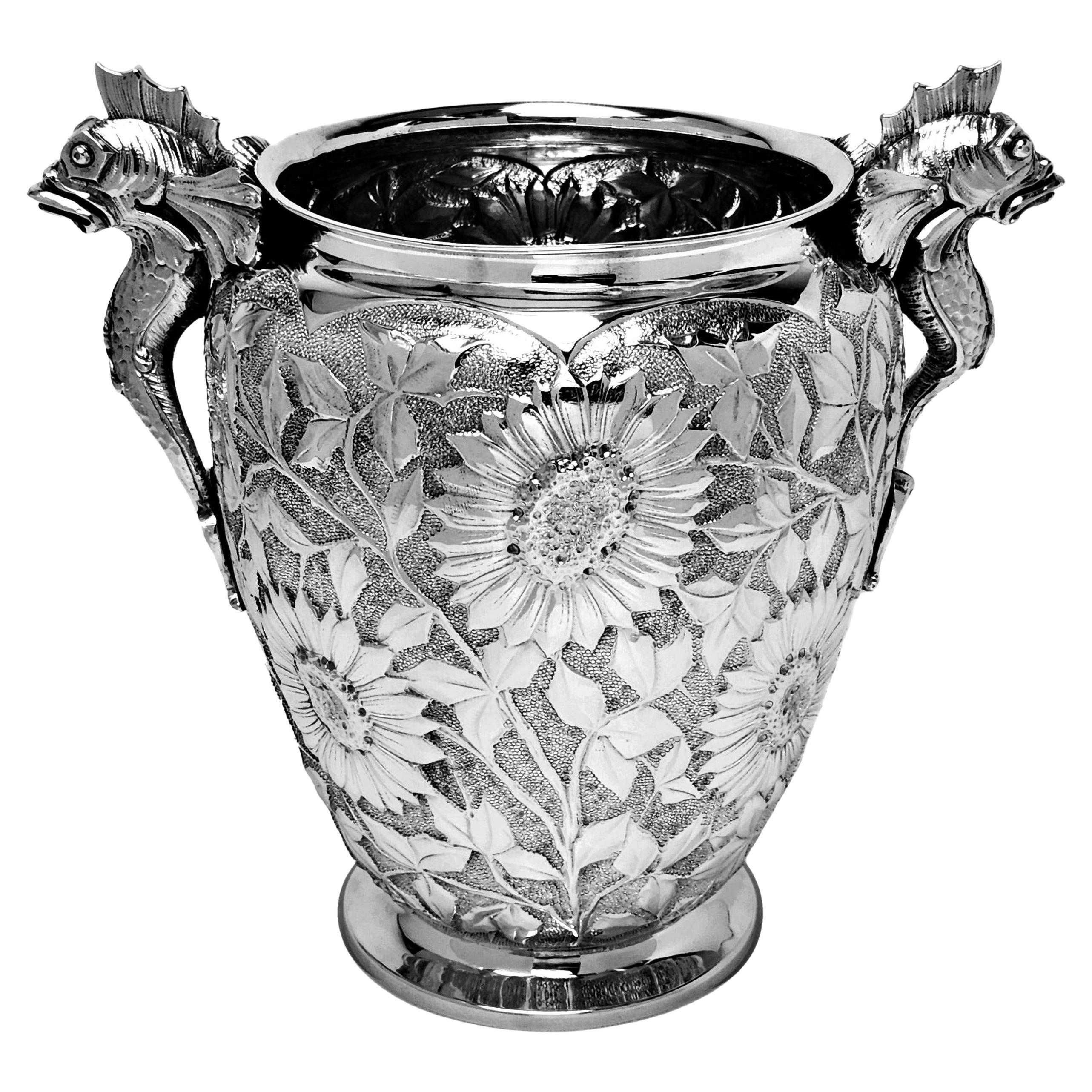 Vintage Italian Solid Silver Wine Cooler Ice Bucket, C. 1950, Floral 