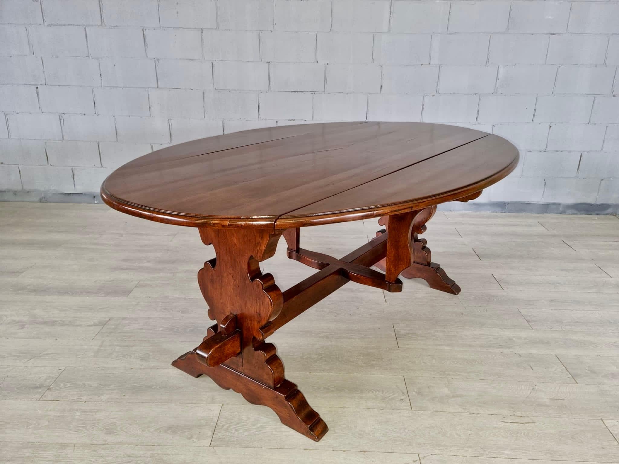 Vintage Italian Solid Wood Drop Leaf Trestle Dining Table For Sale 3