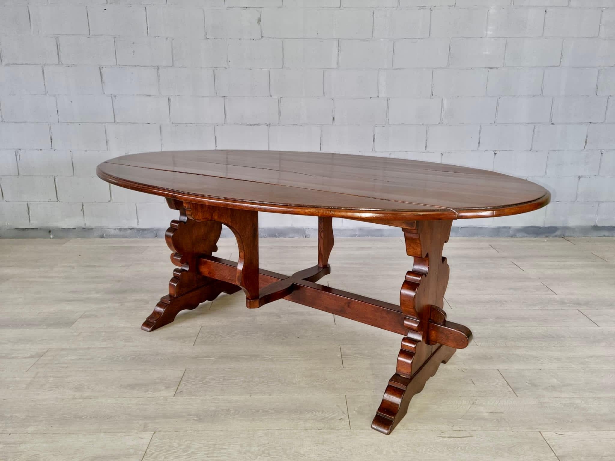 Vintage Italian Solid Wood Drop Leaf Trestle Dining Table For Sale 5