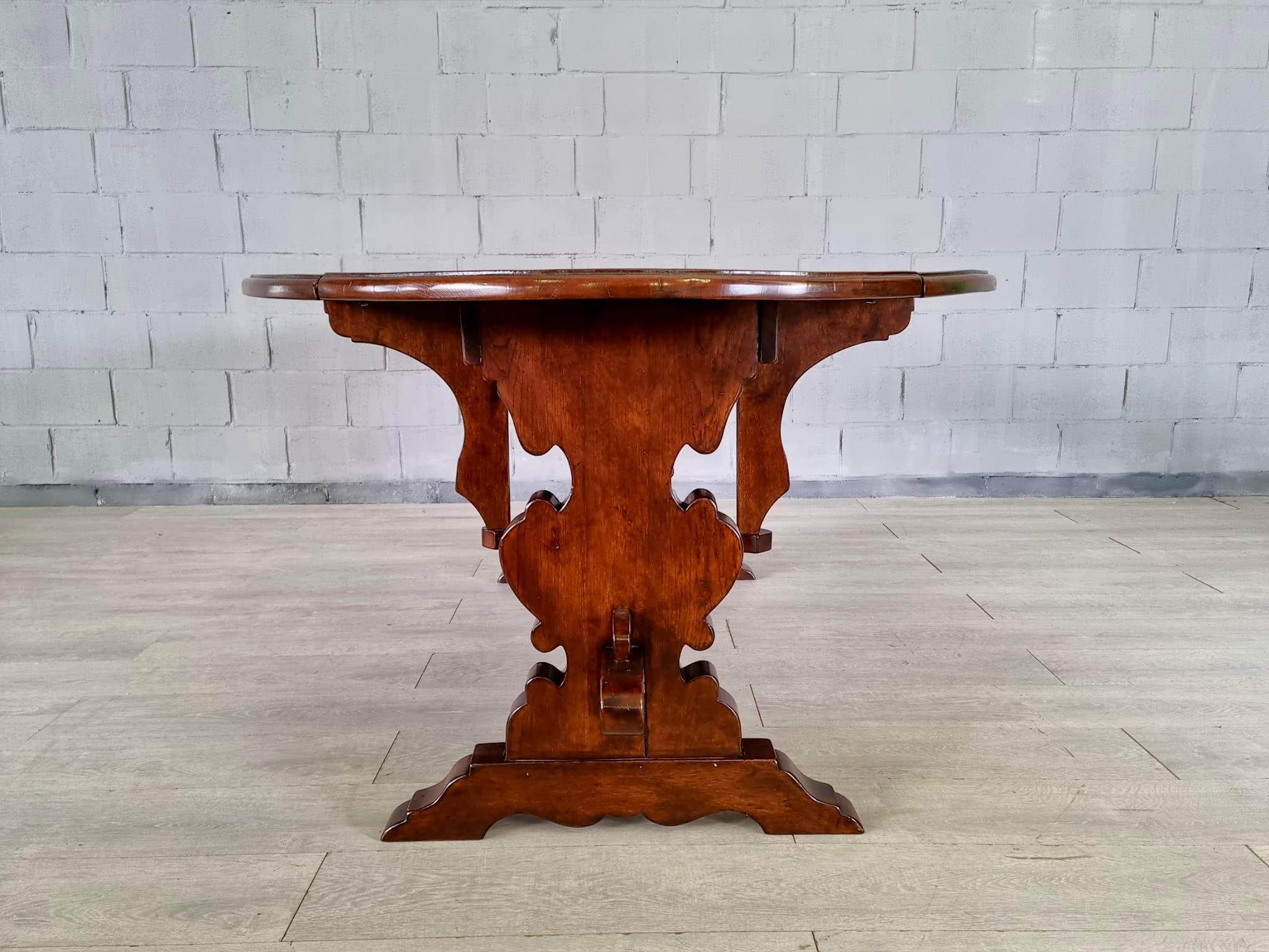 Vintage Italian Solid Wood Drop Leaf Trestle Dining Table For Sale 7