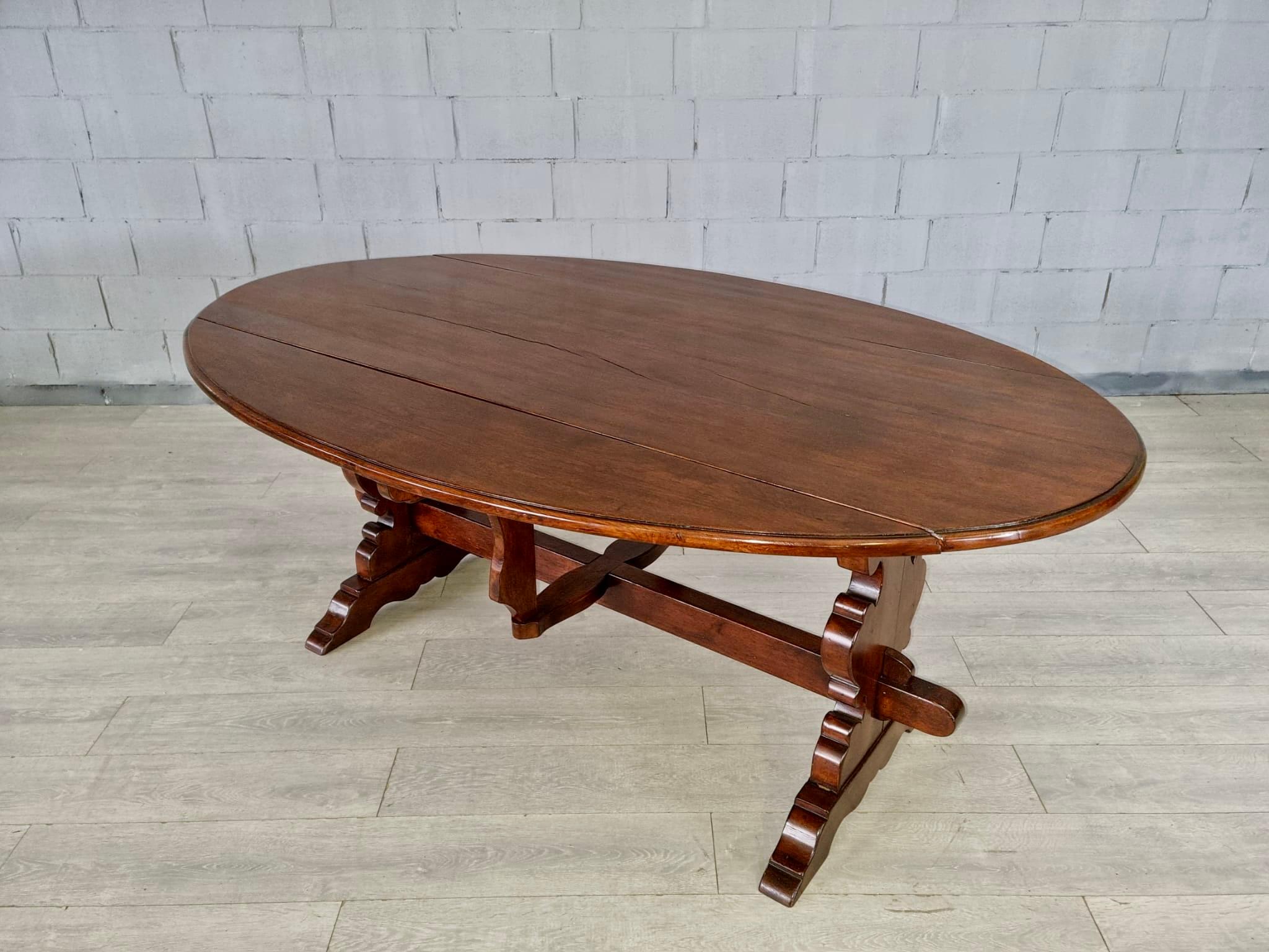 Rustic Vintage Italian Solid Wood Drop Leaf Trestle Dining Table For Sale