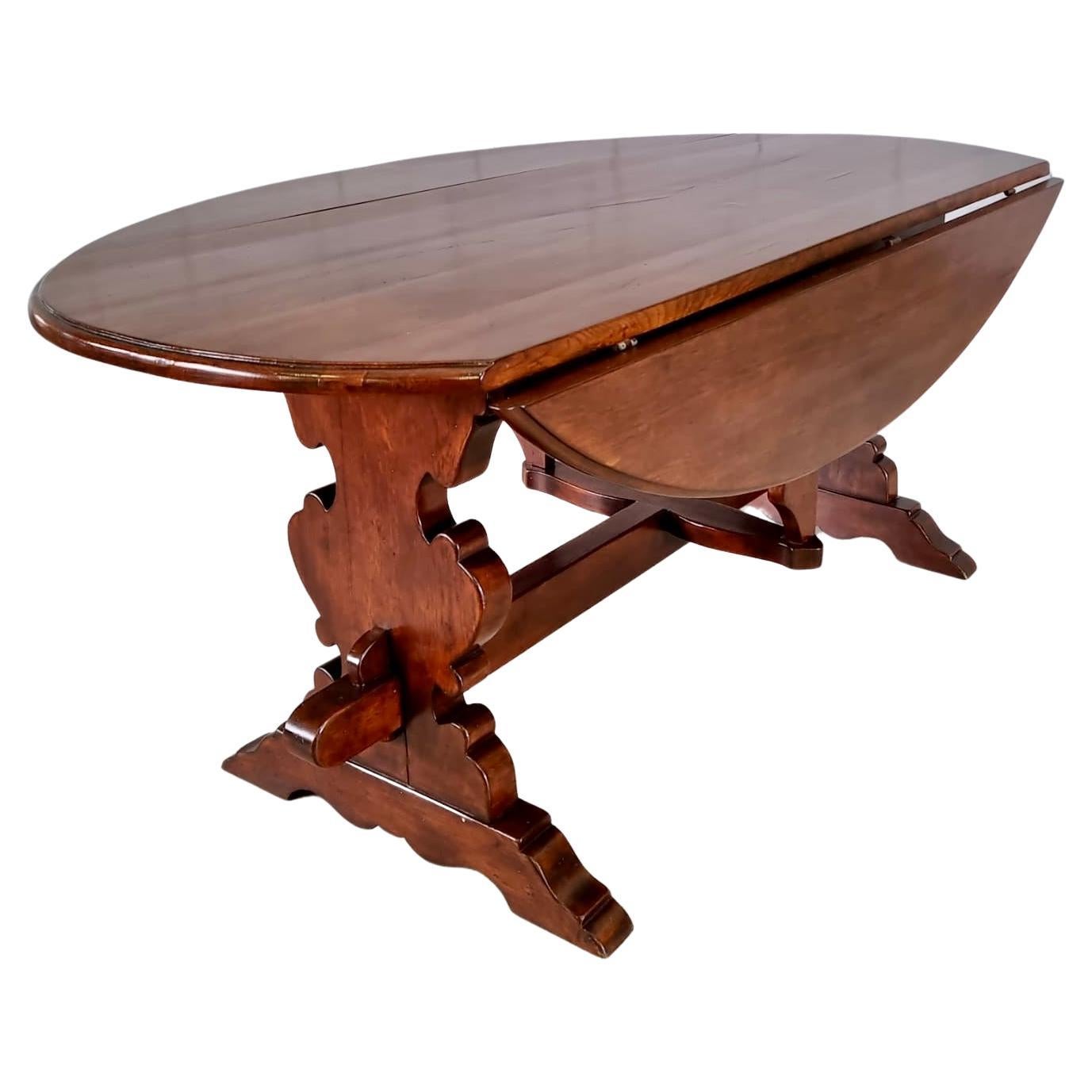 Vintage Italian Solid Wood Drop Leaf Trestle Dining Table For Sale
