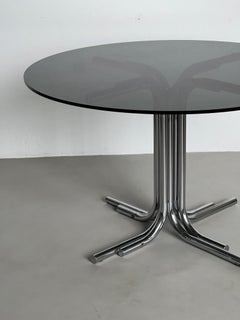 Vintage Italian Space Age Dining Table with Chromed Legs and Smoked Glass Top