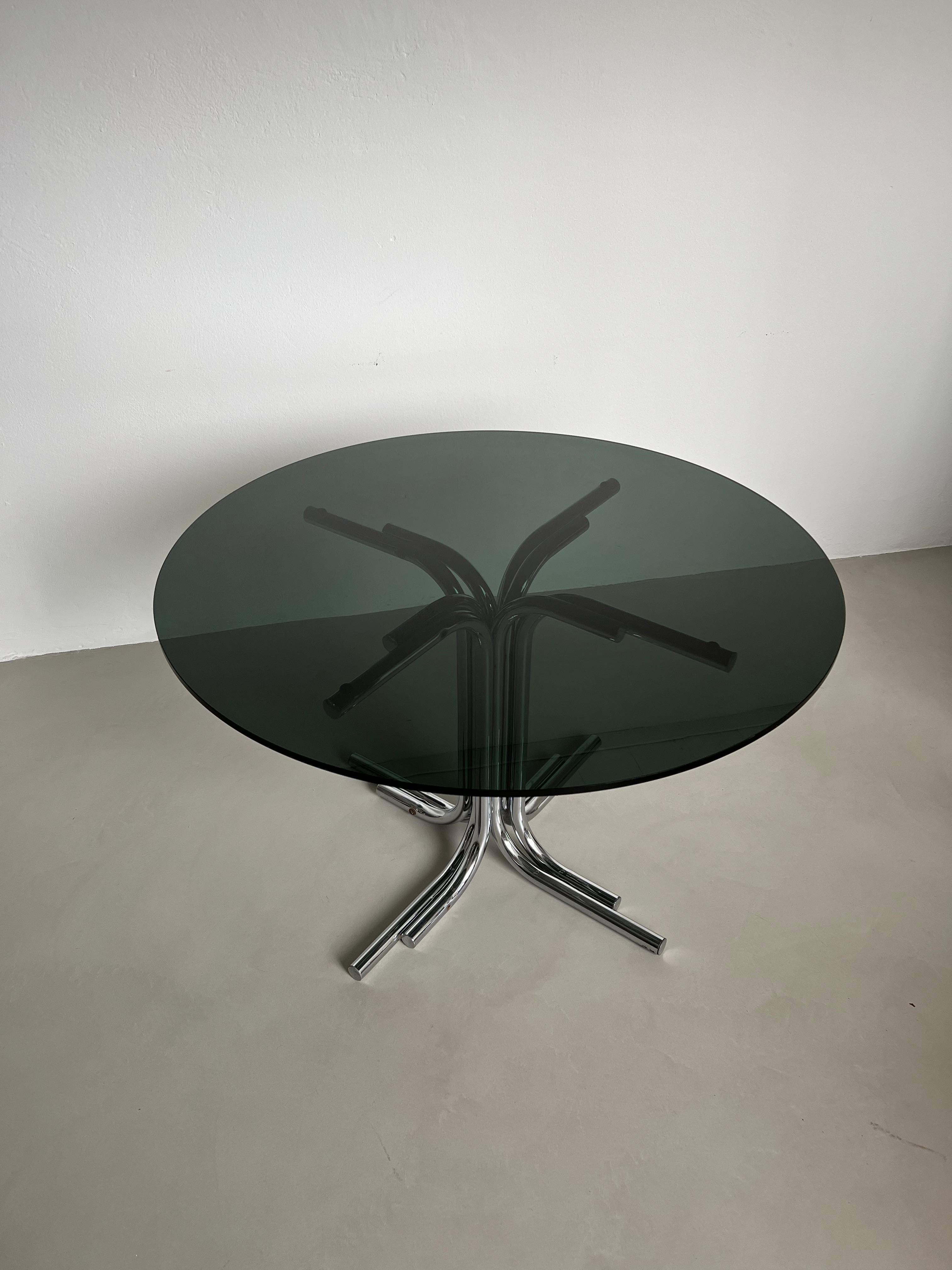 Metal Vintage Italian Space Age Dining Table with Chromed Legs and Smoked Glass Top For Sale